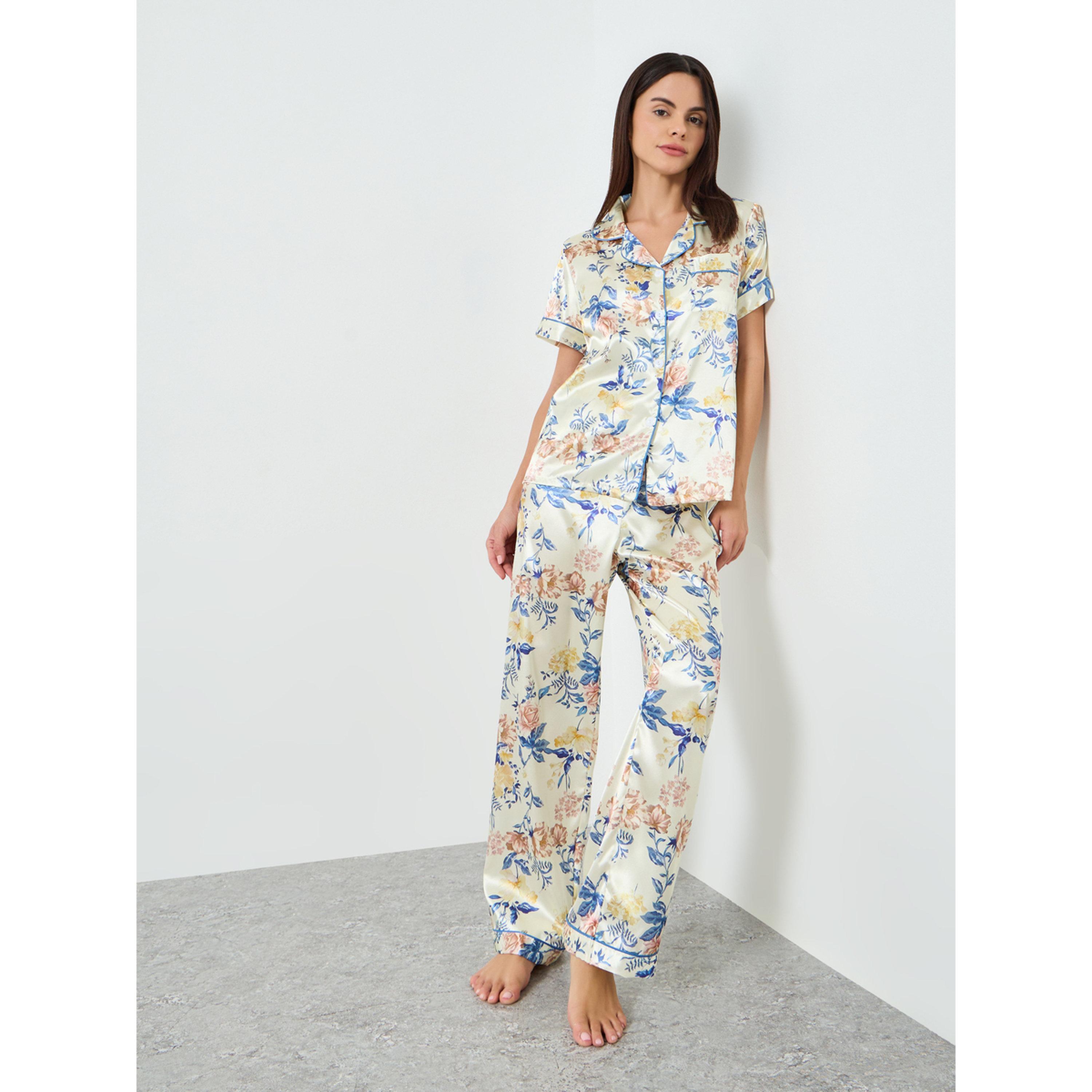 Take Two Women Floral Printed Short Sleeve Shirt and Pyjama Set-women-clothing-nightwear-pyjamas-longsets-image-1