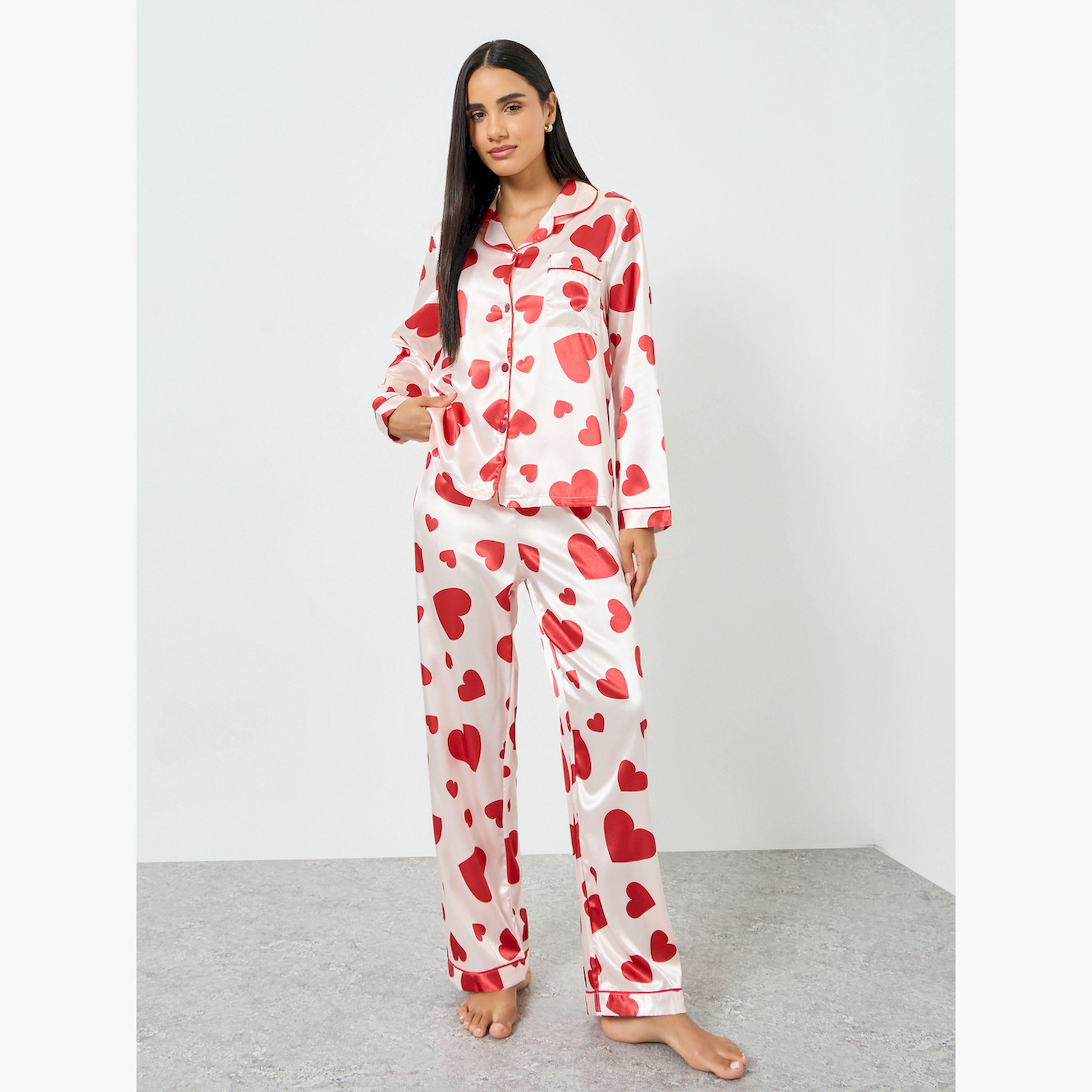 تيك تو × ستايلي - بيجاما قميص نقشة قلوب باللون الوردي الفاتح-women-clothing-nightwear-pyjamas-longsets-image-1