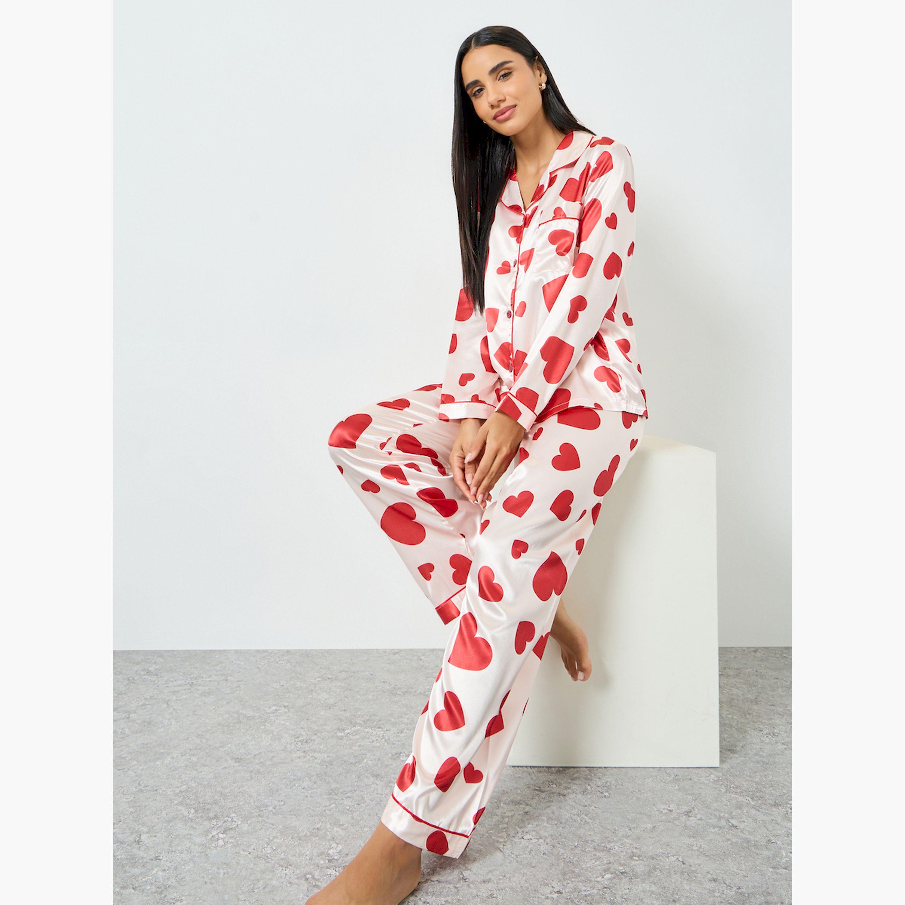 تيك تو × ستايلي - بيجاما قميص نقشة قلوب باللون الوردي الفاتح-women-clothing-nightwear-pyjamas-longsets-image-2