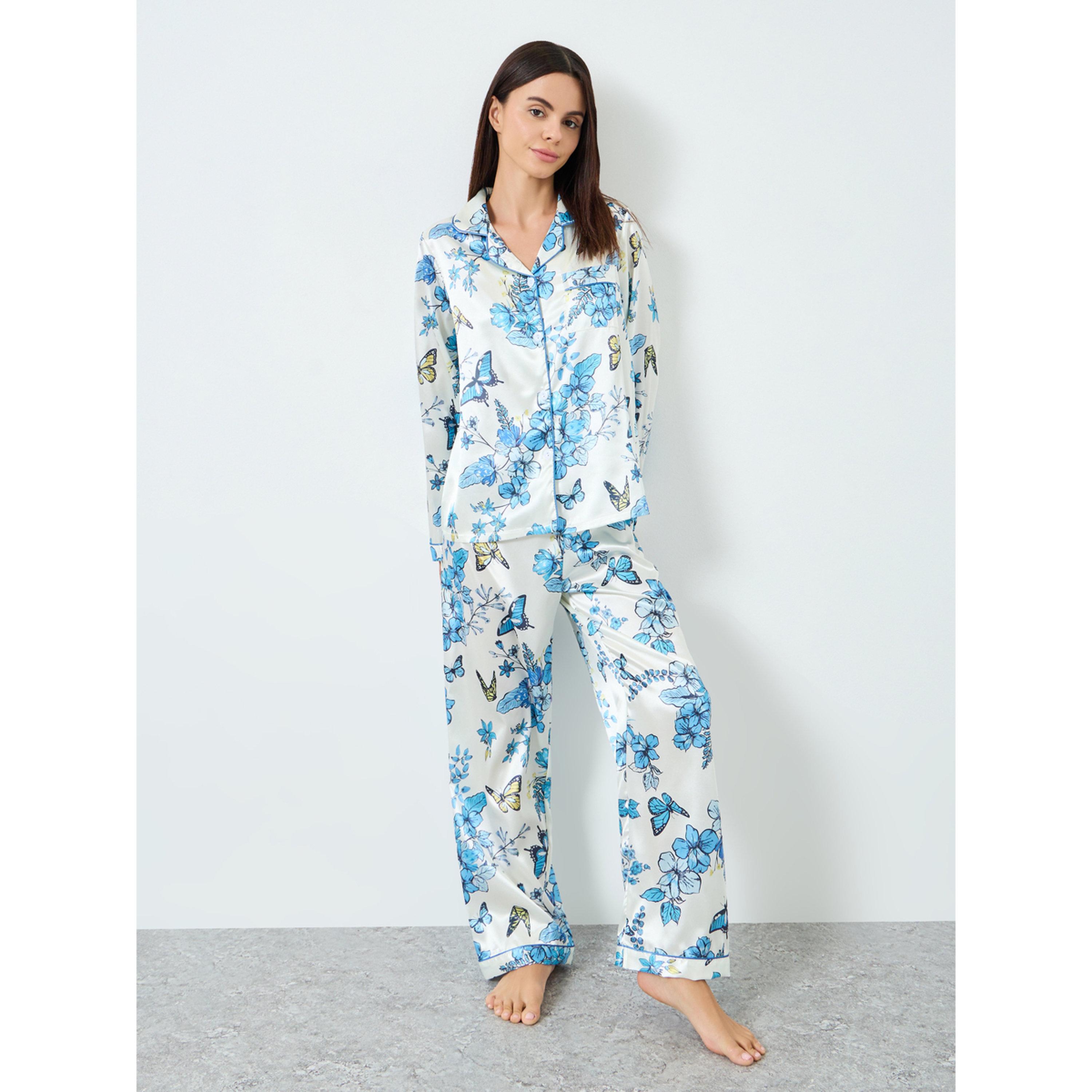 طقم بيجاما وقميص ساتان بطبعة زهور-women-clothing-nightwear-pyjamas-longsets-image-1
