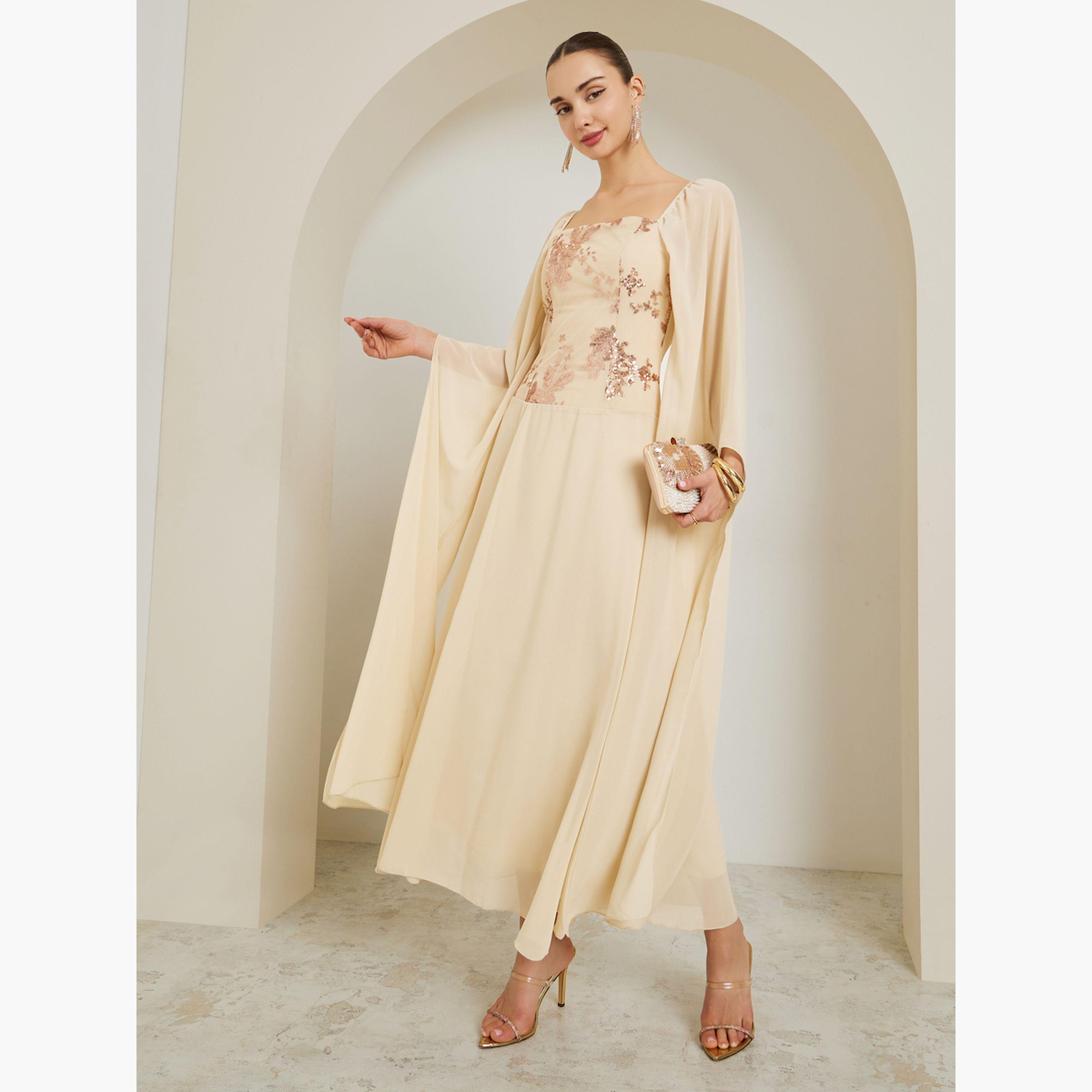 فستان طويل بأكمام كيب مزينة-women-clothing-dresses-image-1