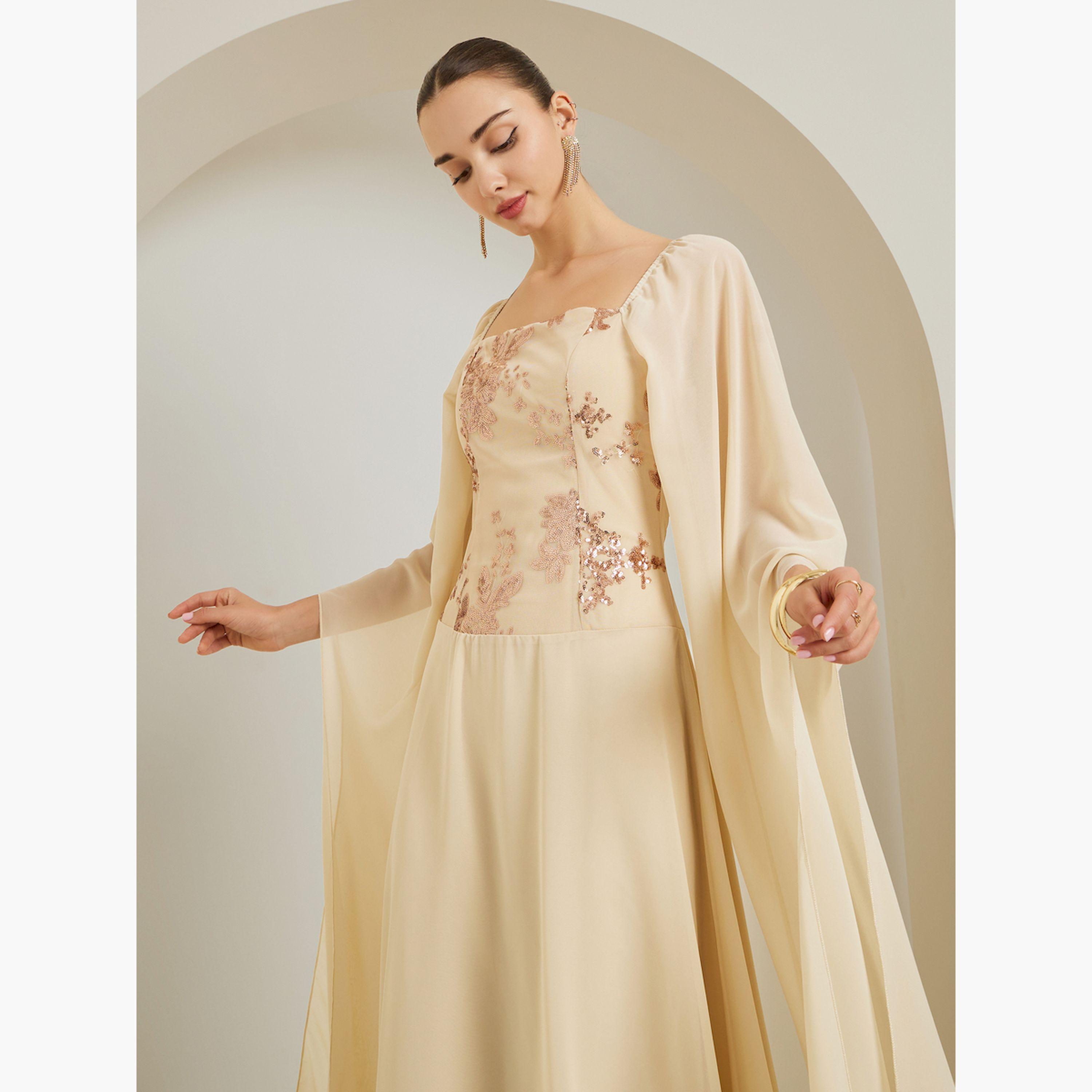 Styli Beige Embellished Cape Sleeve A-Line Maxi Dress-women-clothing-dresses-image-2