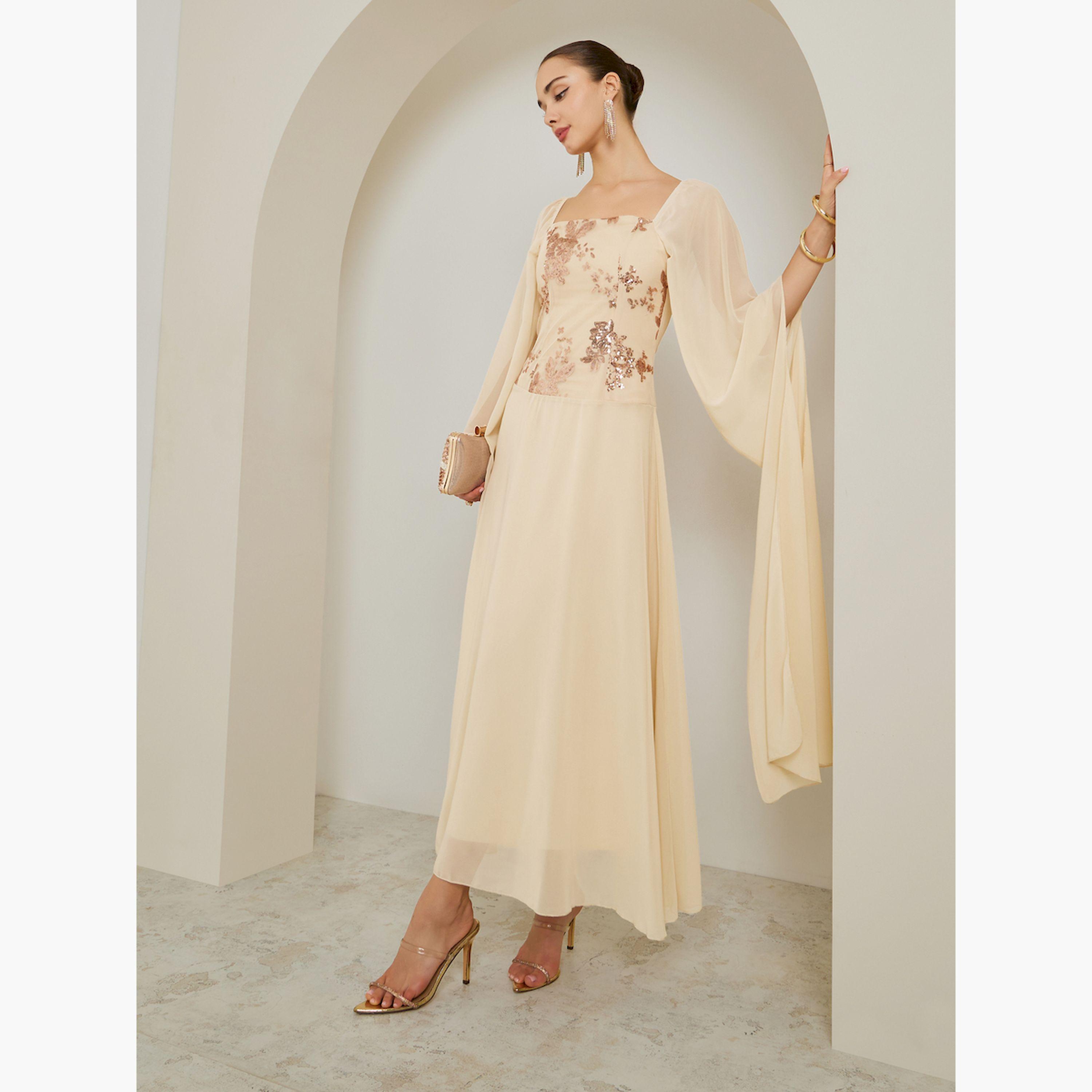 Styli Beige Embellished Cape Sleeve A-Line Maxi Dress-women-clothing-dresses-image-3