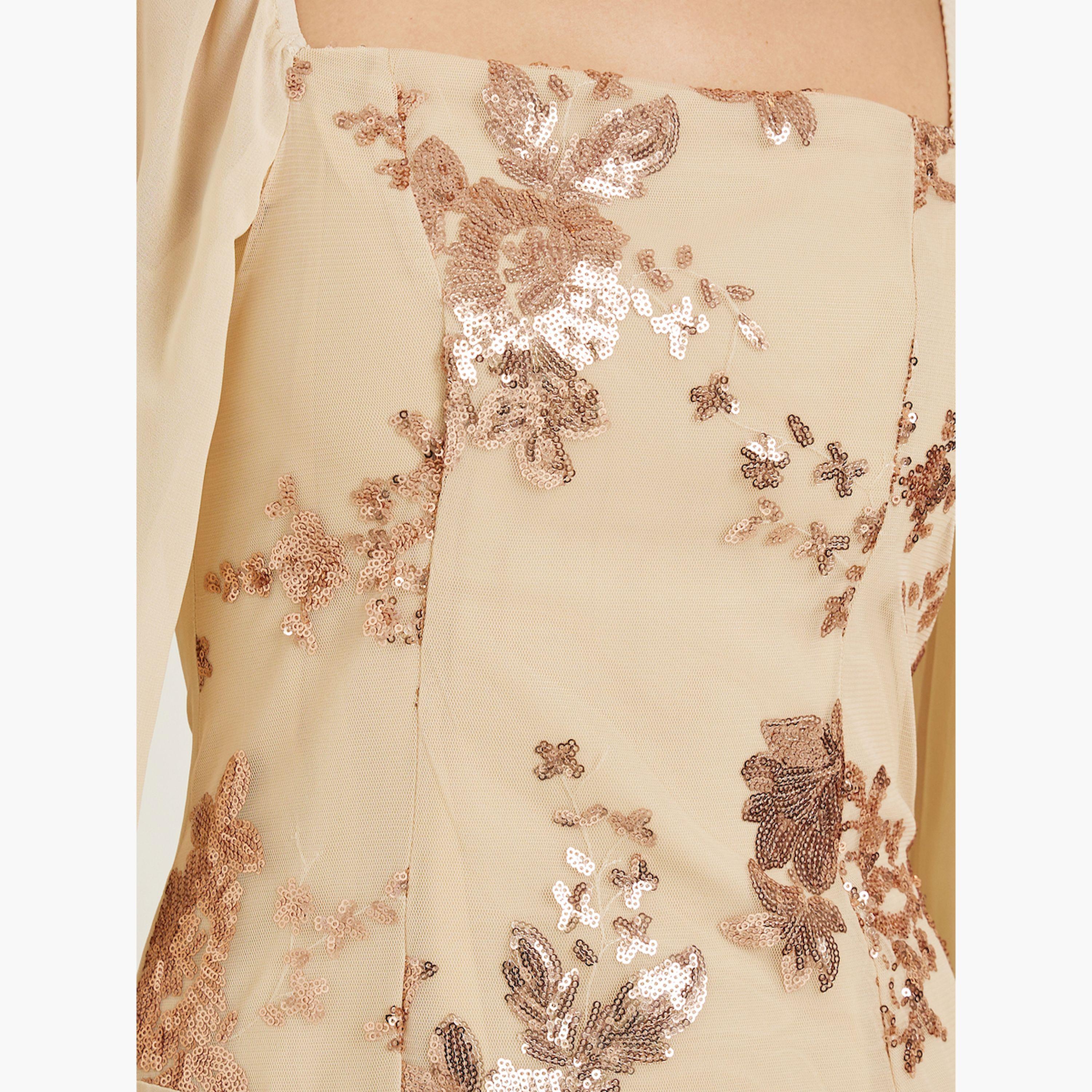 Styli Beige Embellished Cape Sleeve A-Line Maxi Dress-women-clothing-dresses-image-5