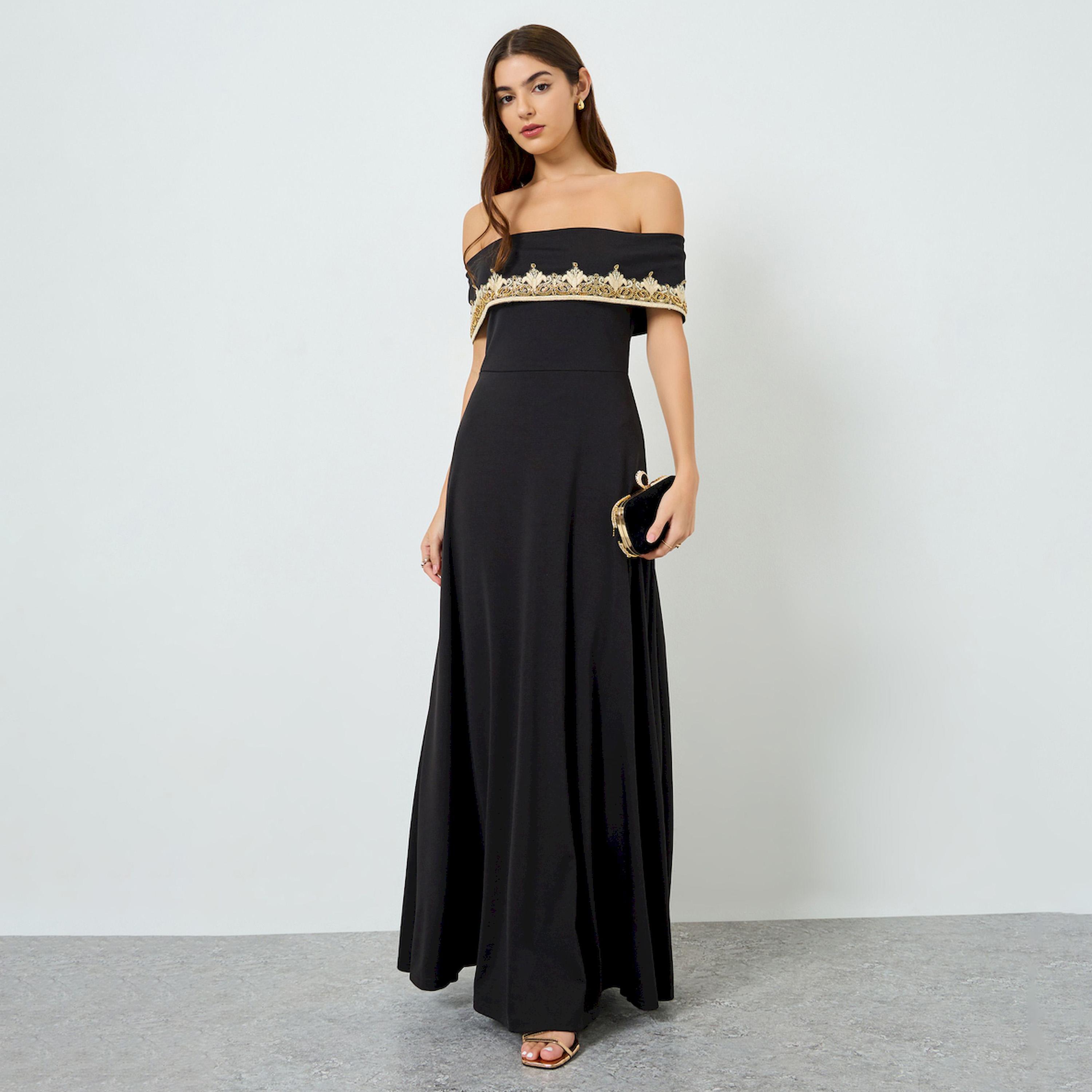 Styli Women Black Embellished Off Shoulder Maxi Dress-women-clothing-dresses-image-1
