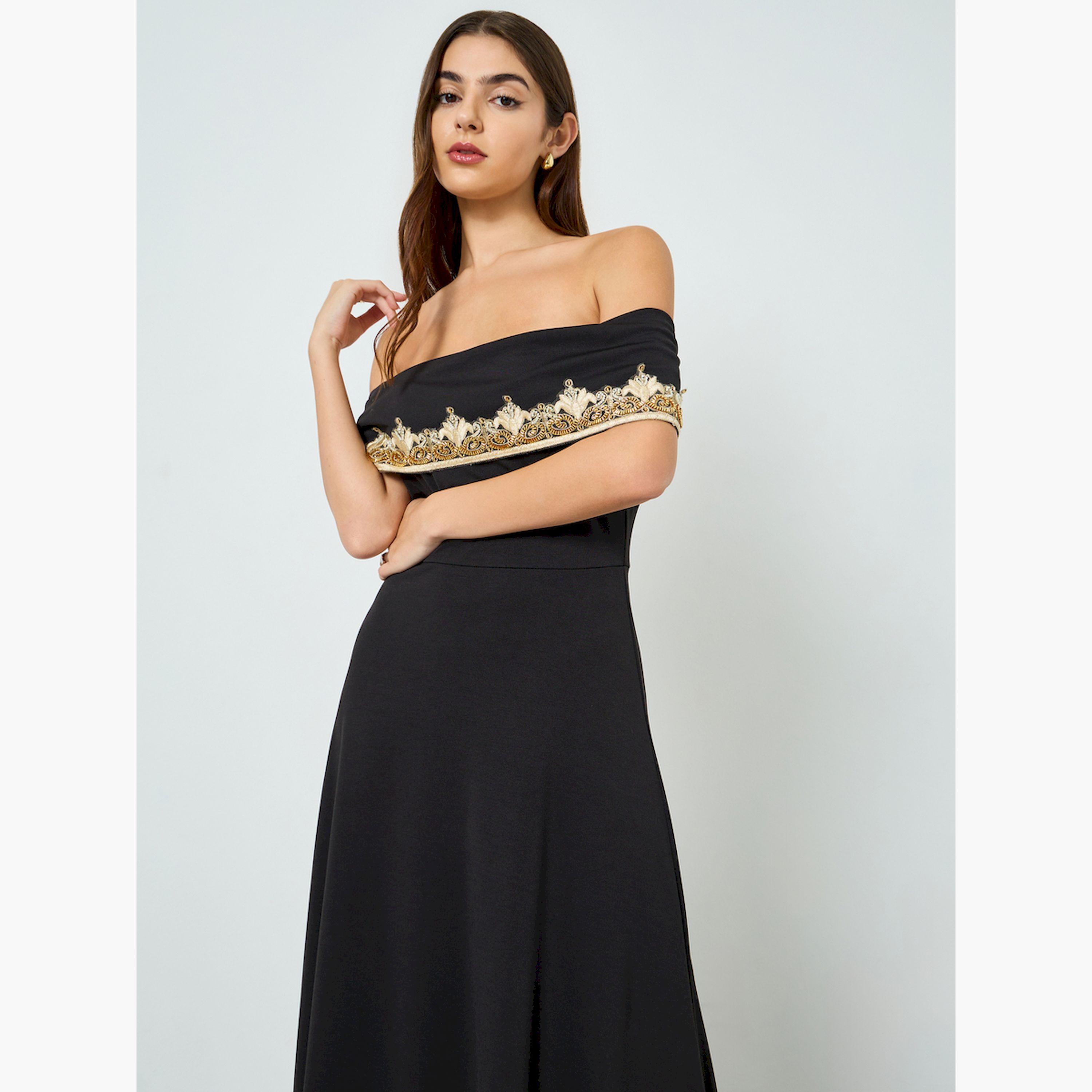 Styli Women Black Embellished Off Shoulder Maxi Dress-women-clothing-dresses-image-2