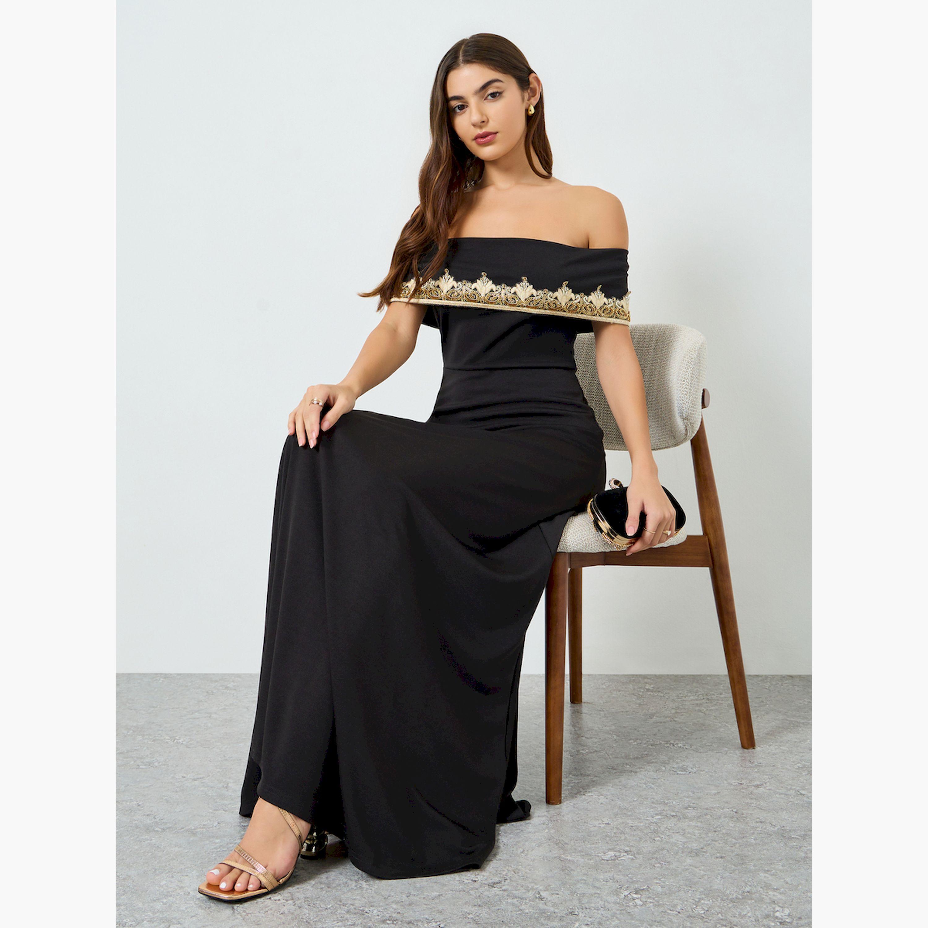 Styli Women Black Embellished Off Shoulder Maxi Dress-women-clothing-dresses-image-3