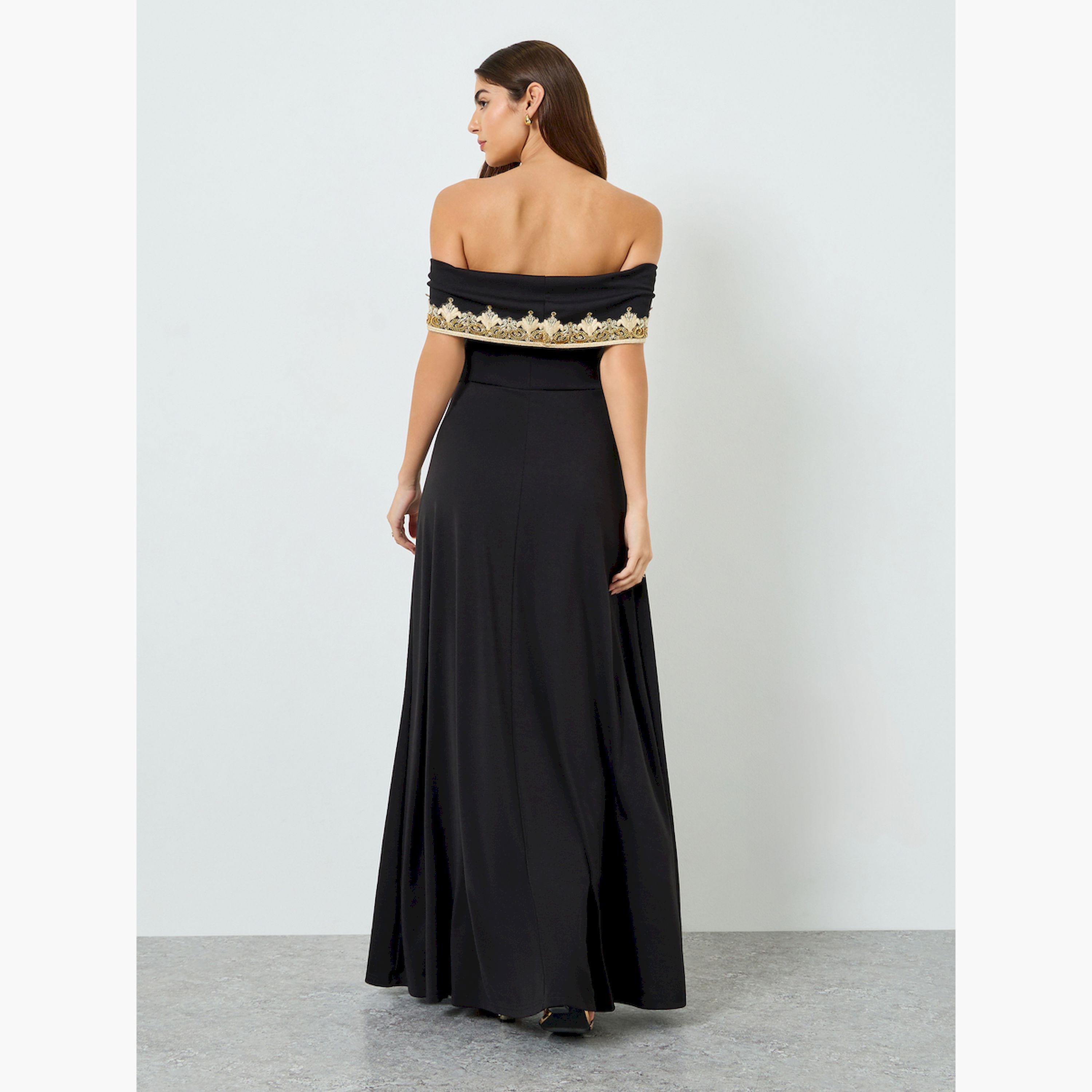 Styli Women Black Embellished Off Shoulder Maxi Dress-women-clothing-dresses-image-4