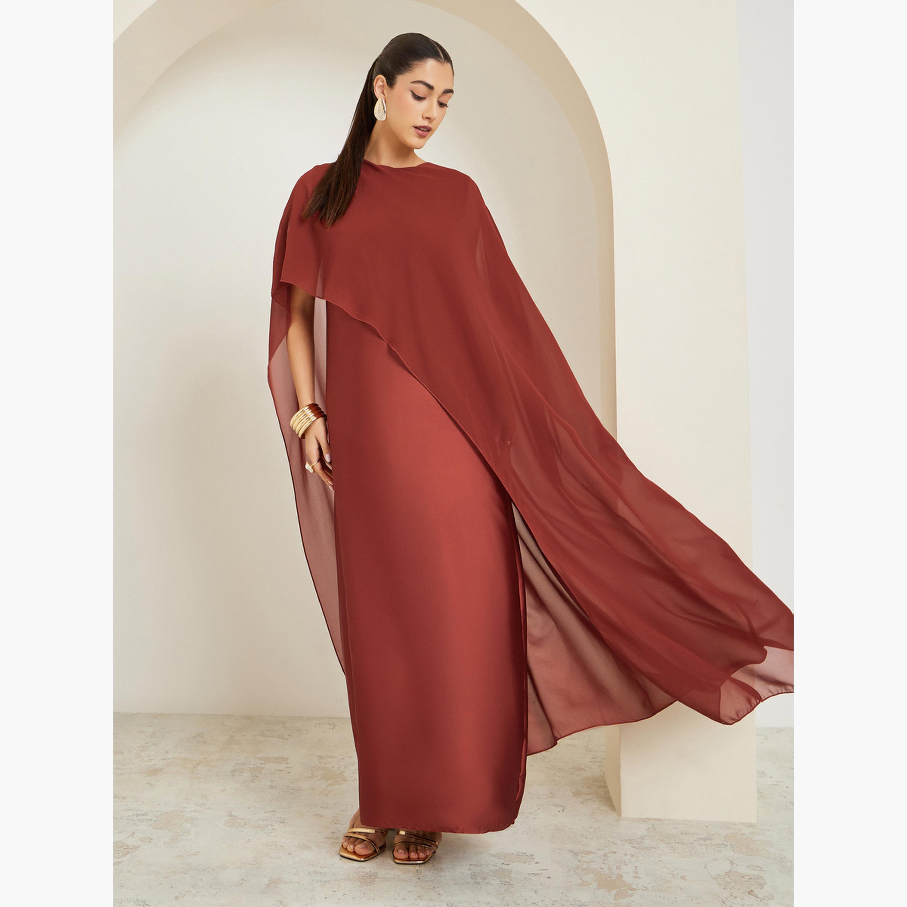 Styli Rust Cape Sleeve A-Line Maxi Dress-women-clothing-dresses-image-2