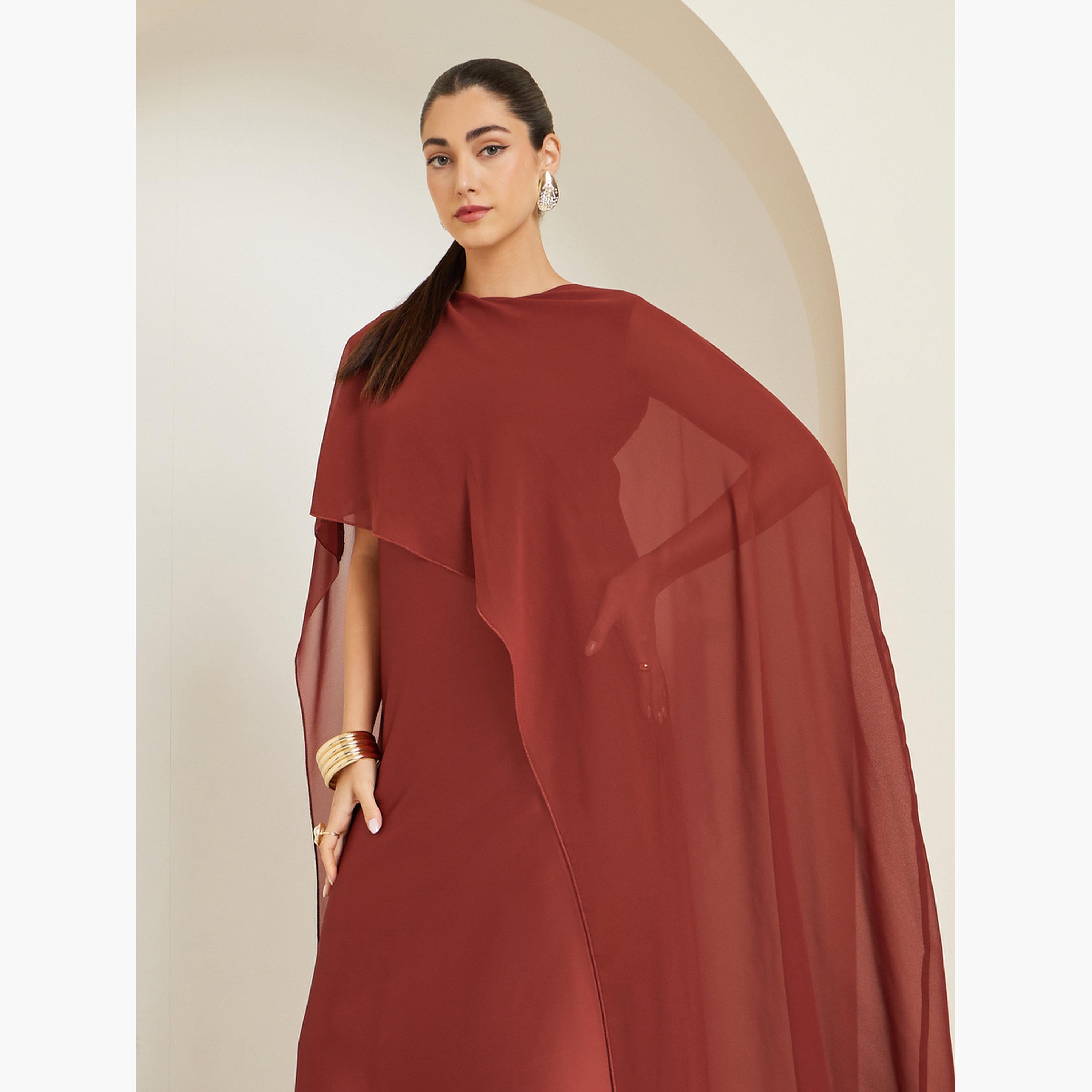 Styli Rust Cape Sleeve A-Line Maxi Dress-women-clothing-dresses-image-4