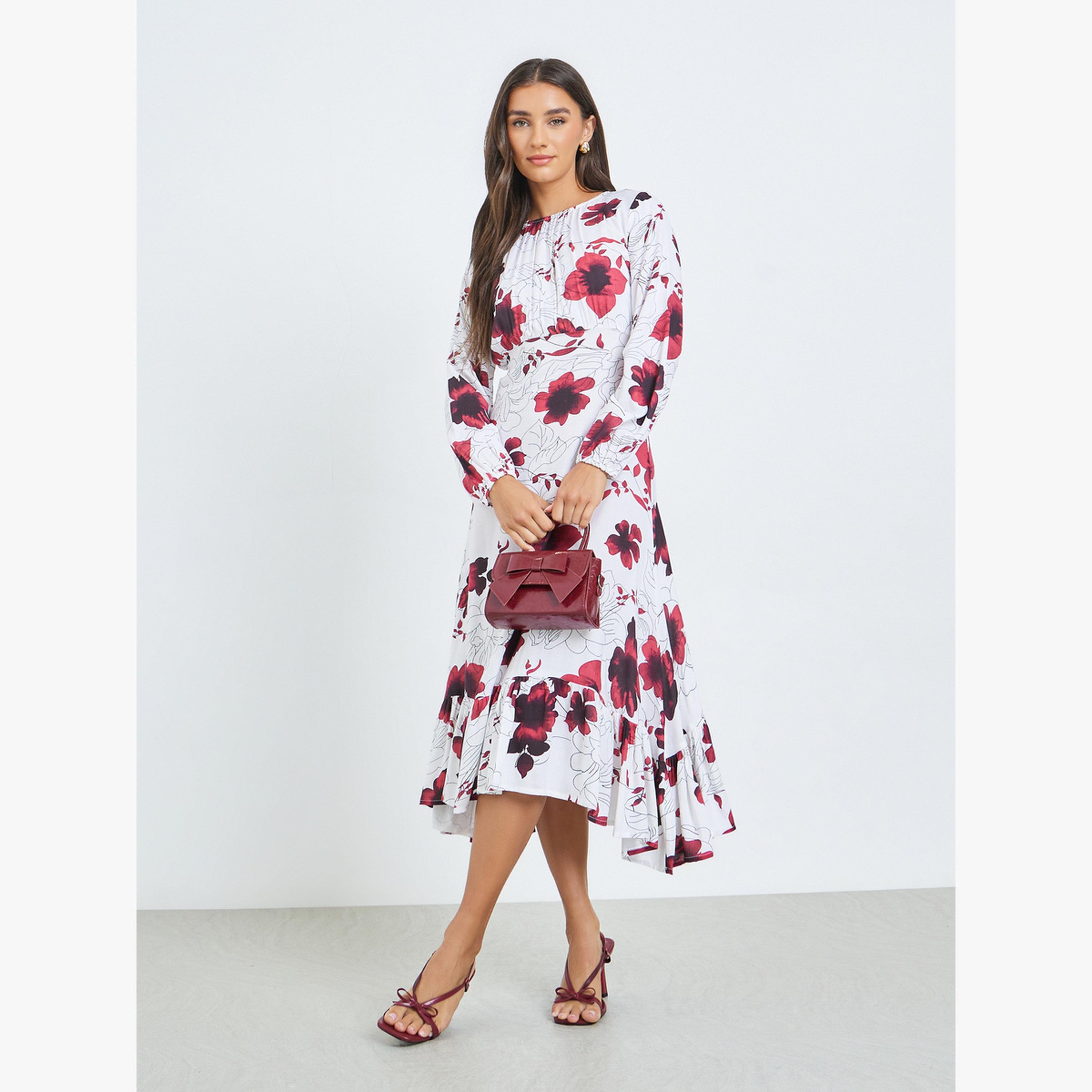 فستان ميدي بطبعة زهور وأكمام قصيرة-women-clothing-dresses-image-1