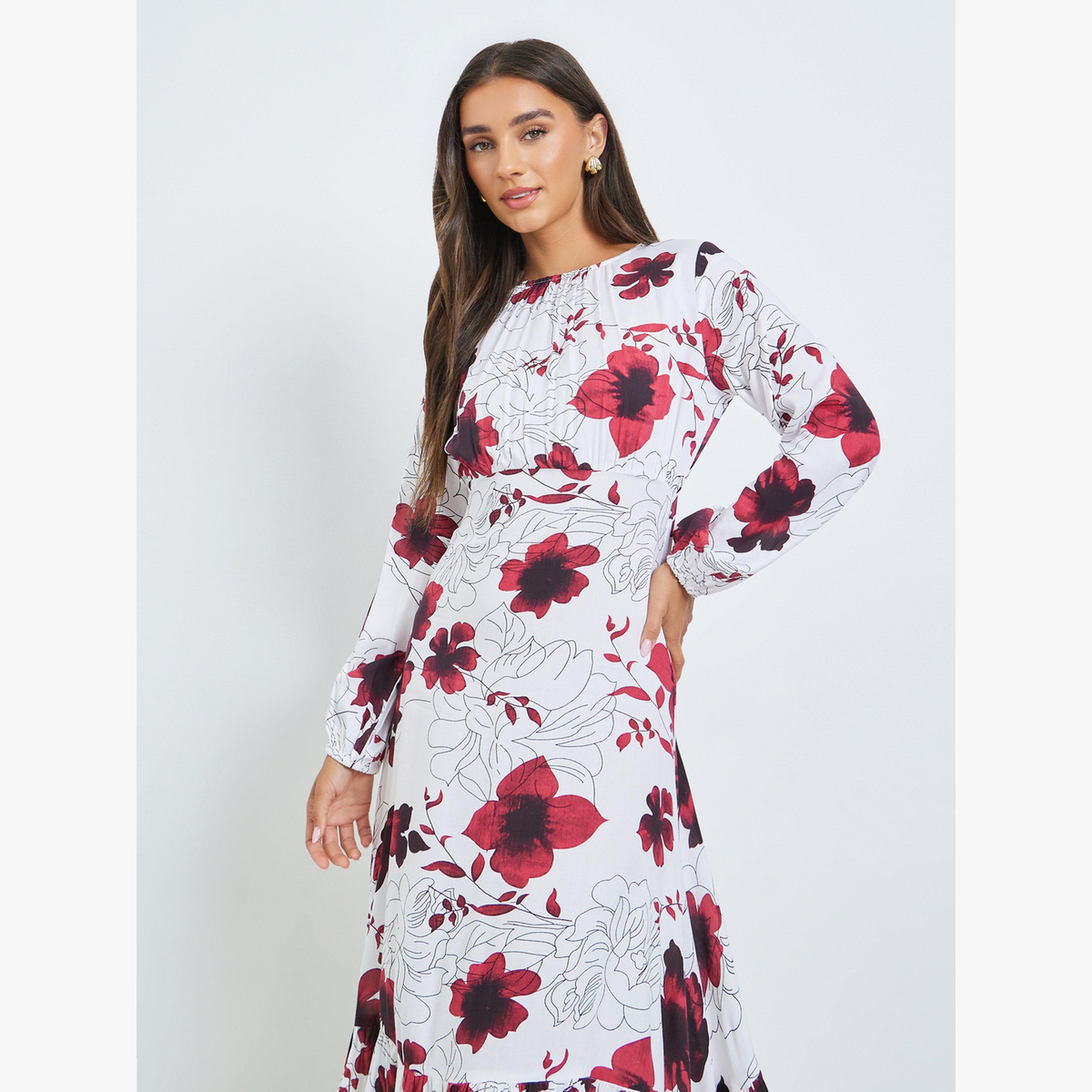 Styli White Floral Midi Dress with Long Sleeves-women-clothing-dresses-image-2