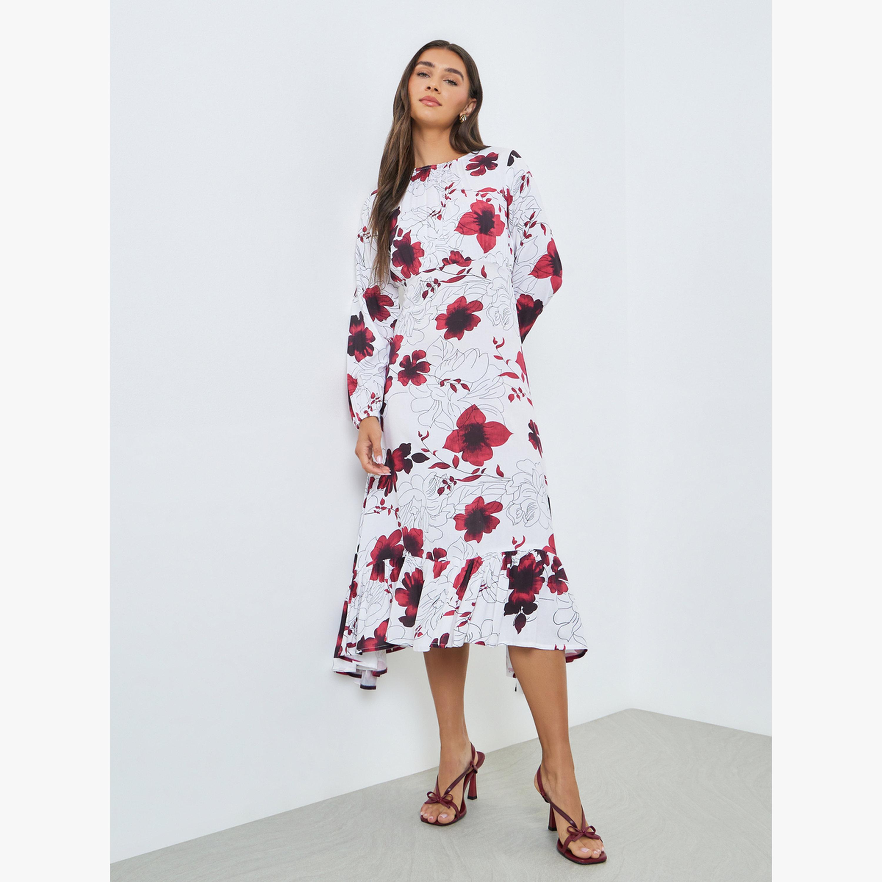 Styli White Floral Midi Dress with Long Sleeves-women-clothing-dresses-image-3