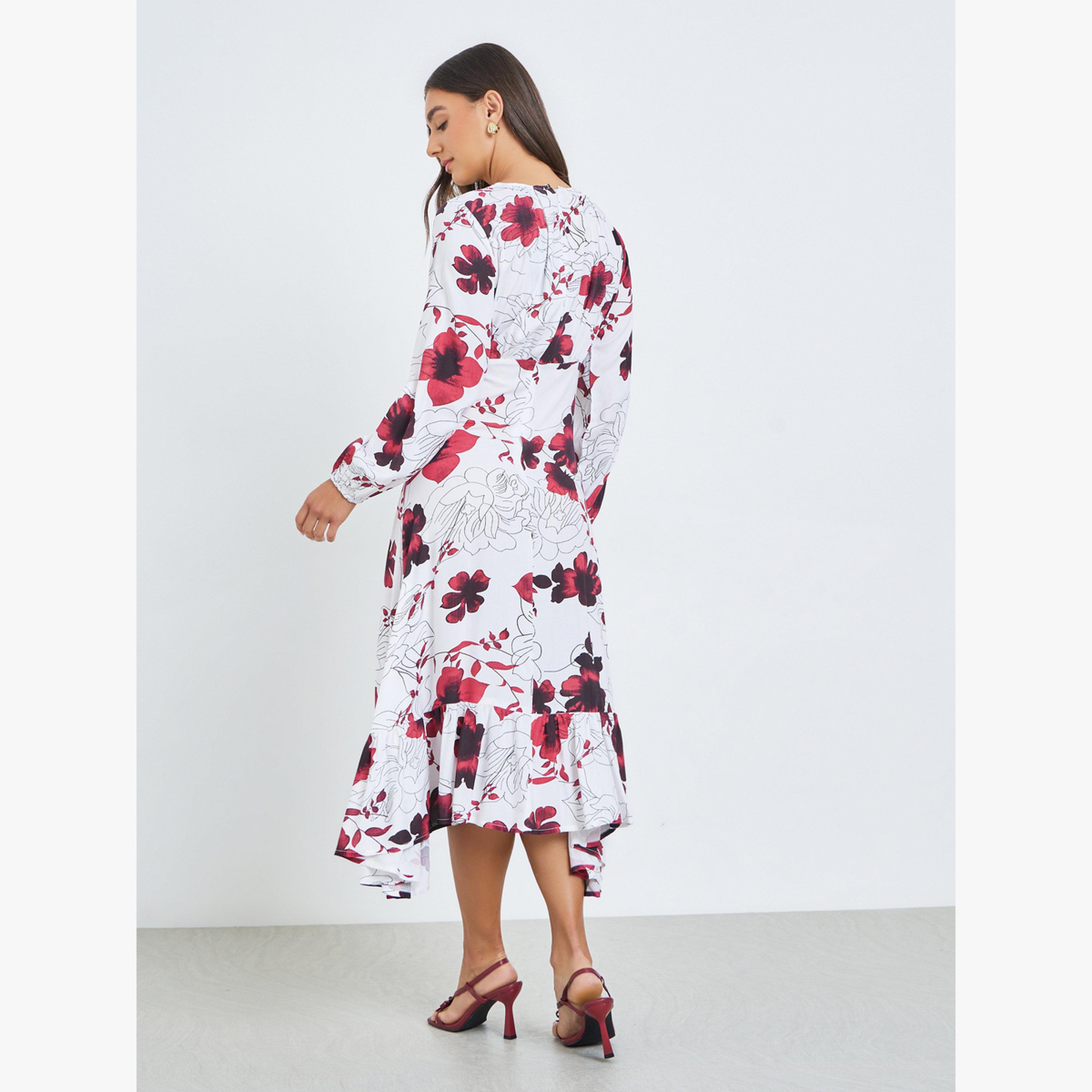 فستان ميدي بطبعة زهور وأكمام قصيرة-women-clothing-dresses-image-4