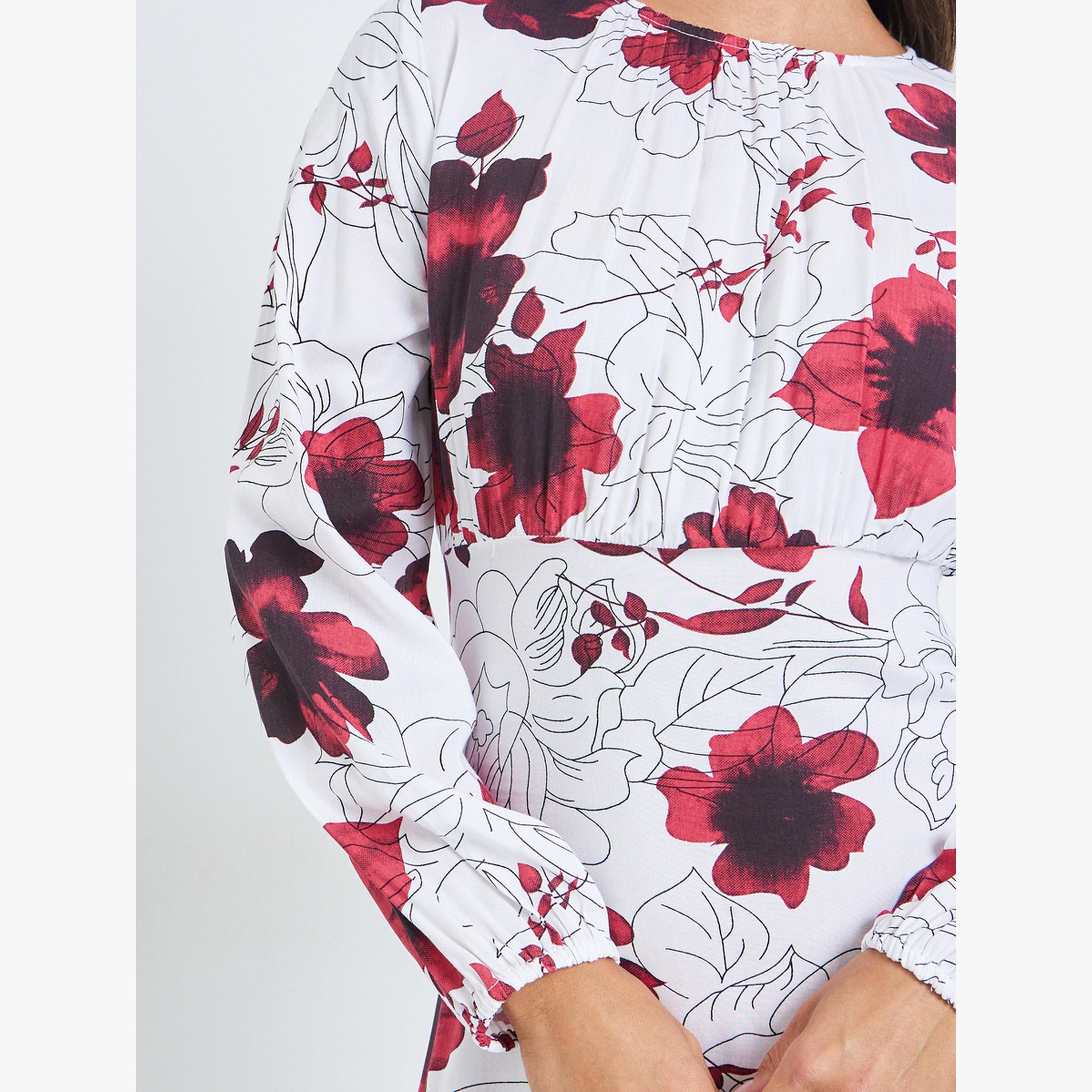 Styli White Floral Midi Dress with Long Sleeves-women-clothing-dresses-image-5