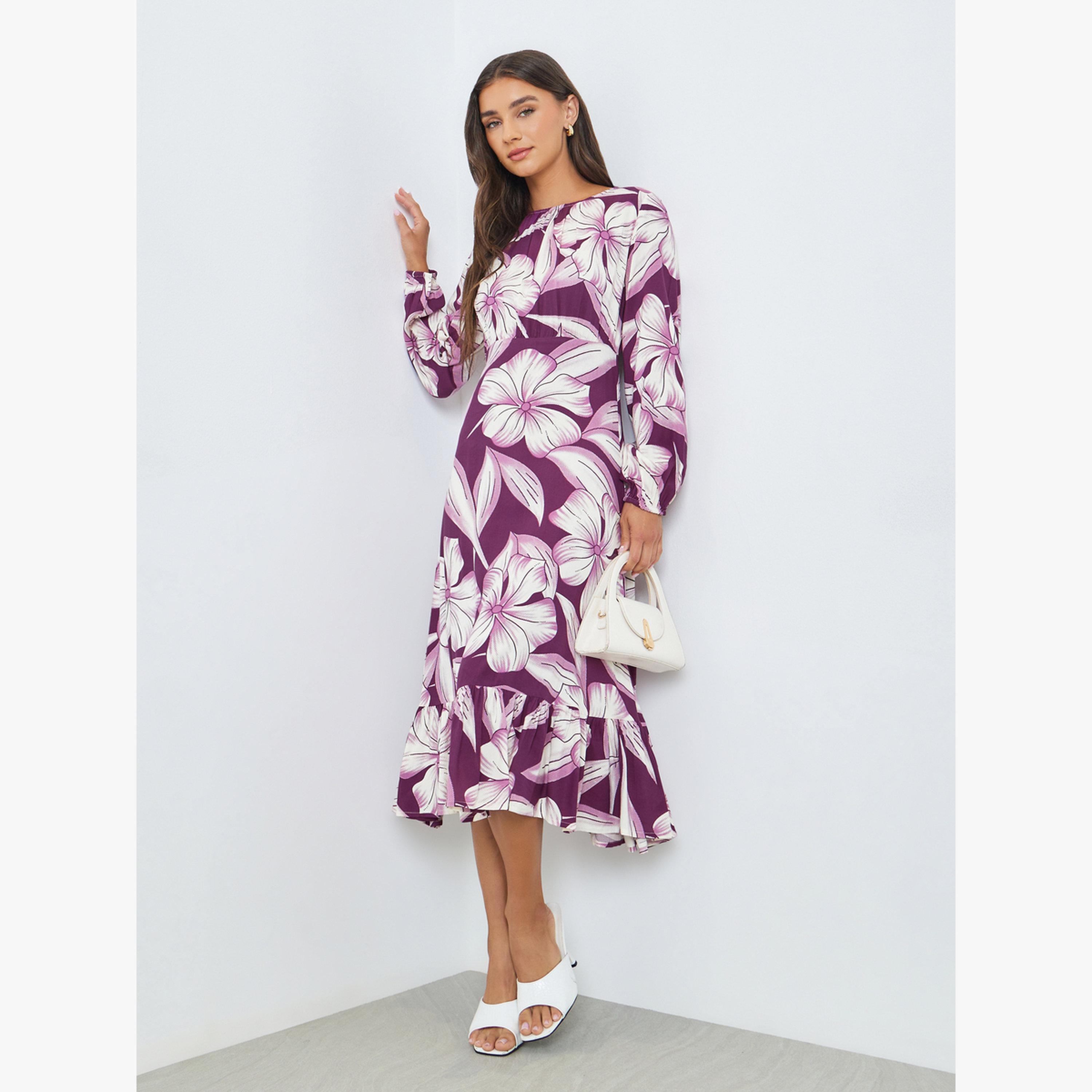 فستان ميدي بطبعة زهور وأكمام قصيرة-women-clothing-dresses-image-1