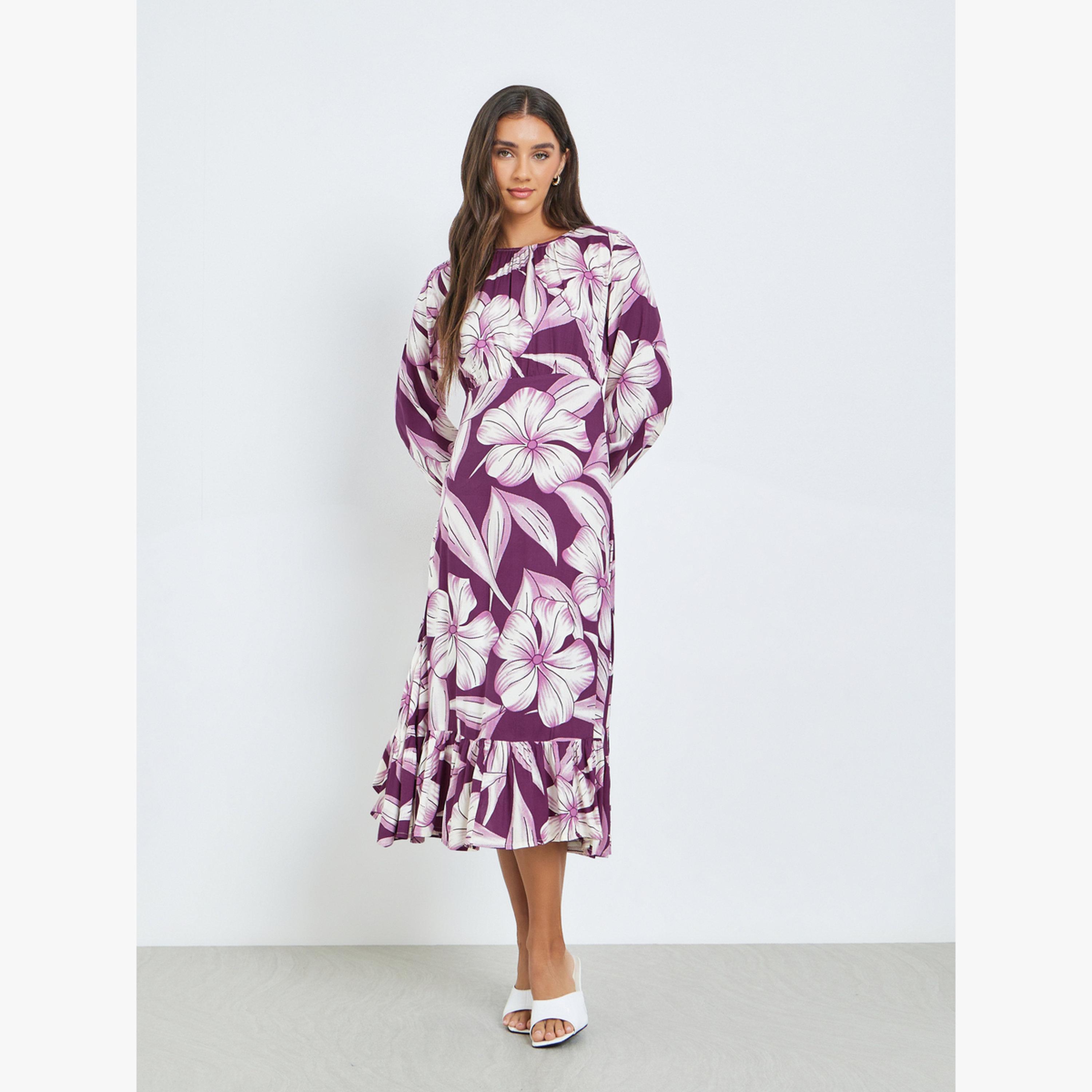 فستان ميدي بطبعة زهور وأكمام قصيرة-women-clothing-dresses-image-2