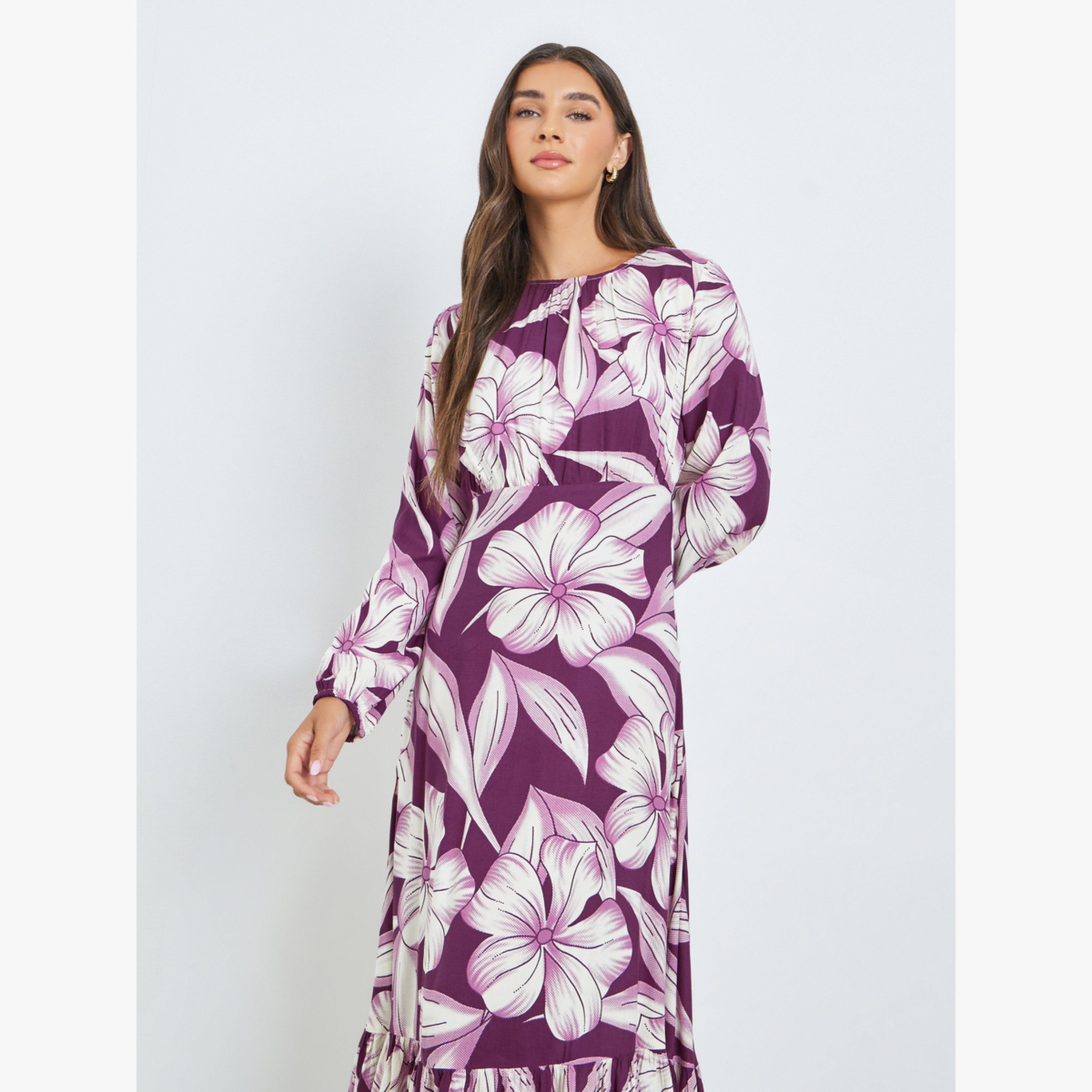 Styli Purple Floral Midi Dress with Long Sleeves-women-clothing-dresses-image-3