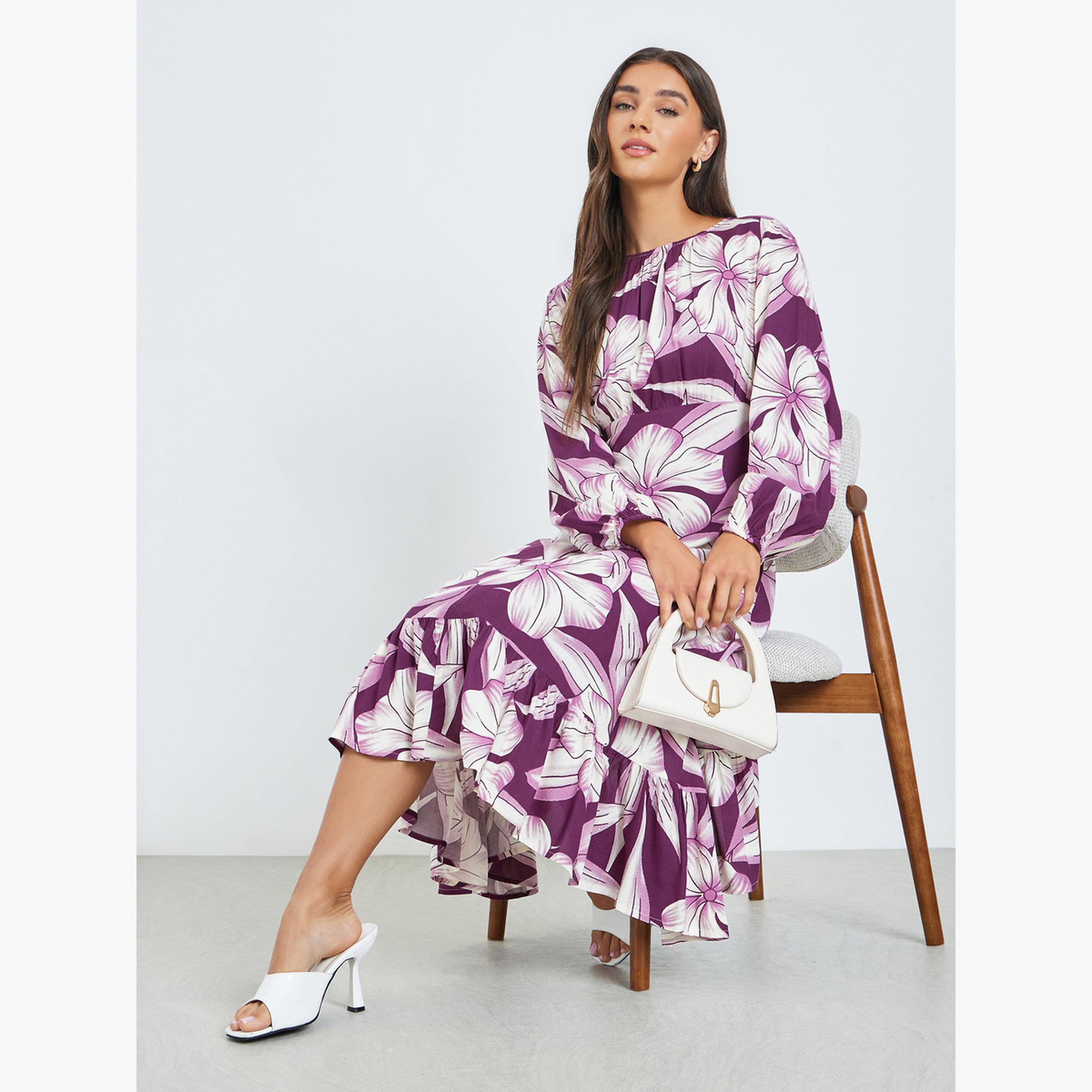 Styli Purple Floral Midi Dress with Long Sleeves-women-clothing-dresses-image-4