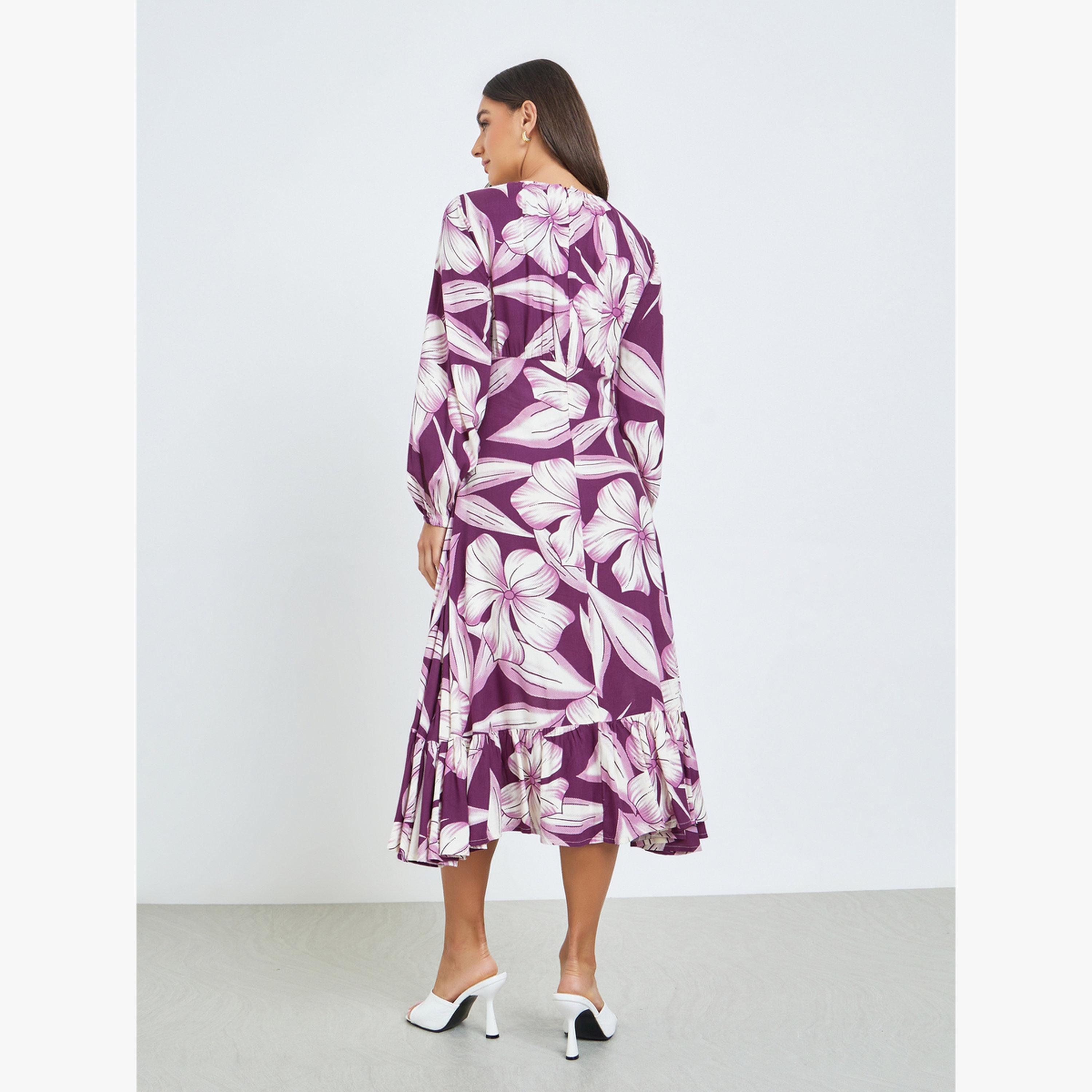 Styli Purple Floral Midi Dress with Long Sleeves-women-clothing-dresses-image-5