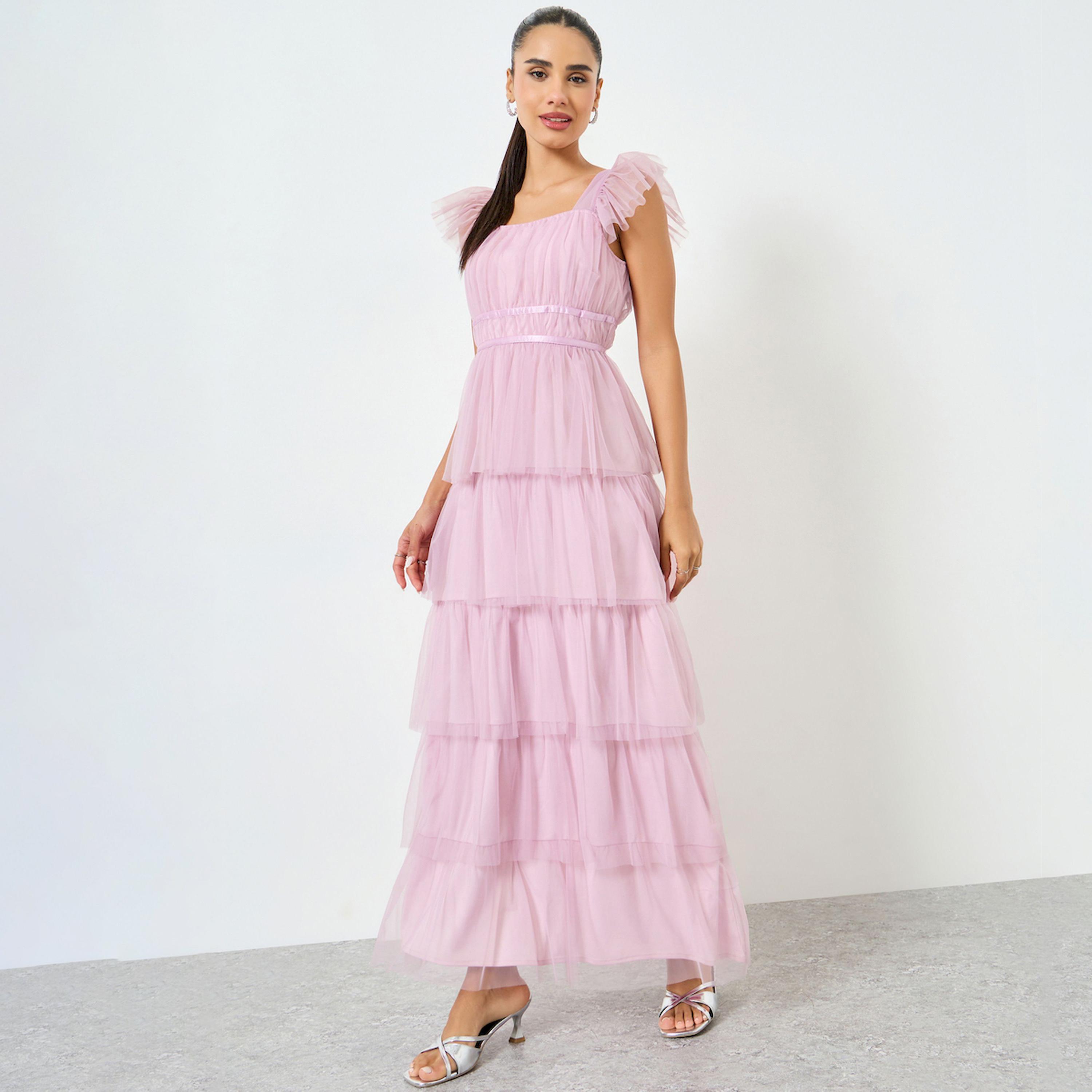 Styli Lilac Ruffled Sleeves Mesh Tiered Maxi Dress-women-clothing-dresses-image-1