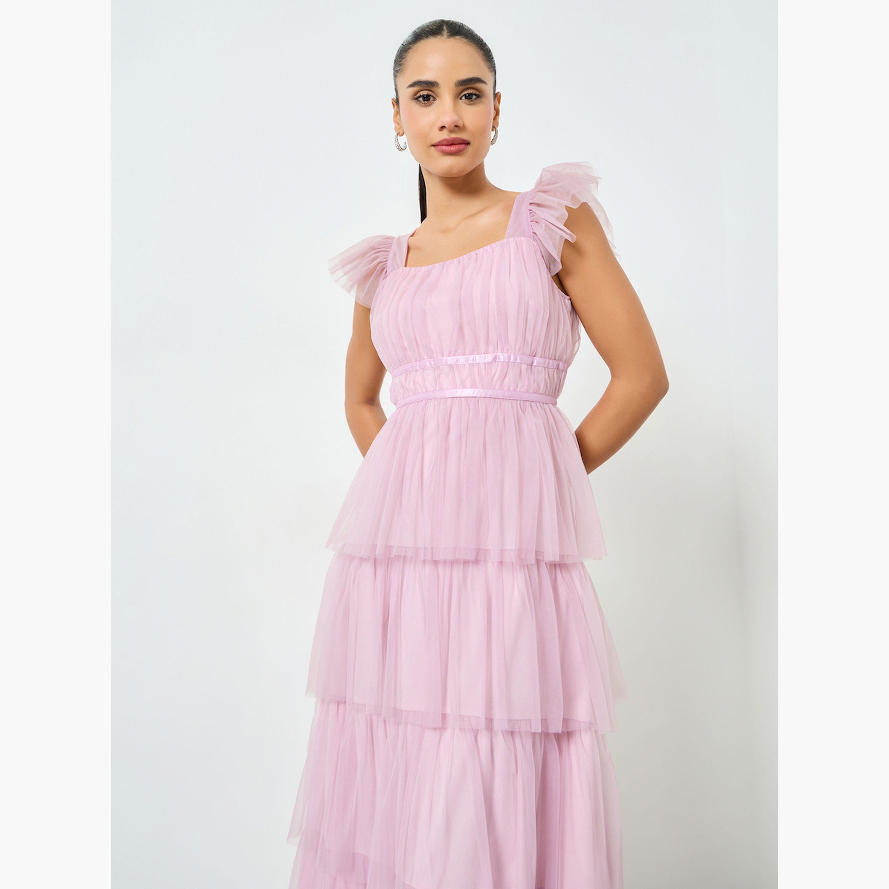 فستان طويل بطيات وتفاصيل شبك مع كشكش-women-clothing-dresses-image-2