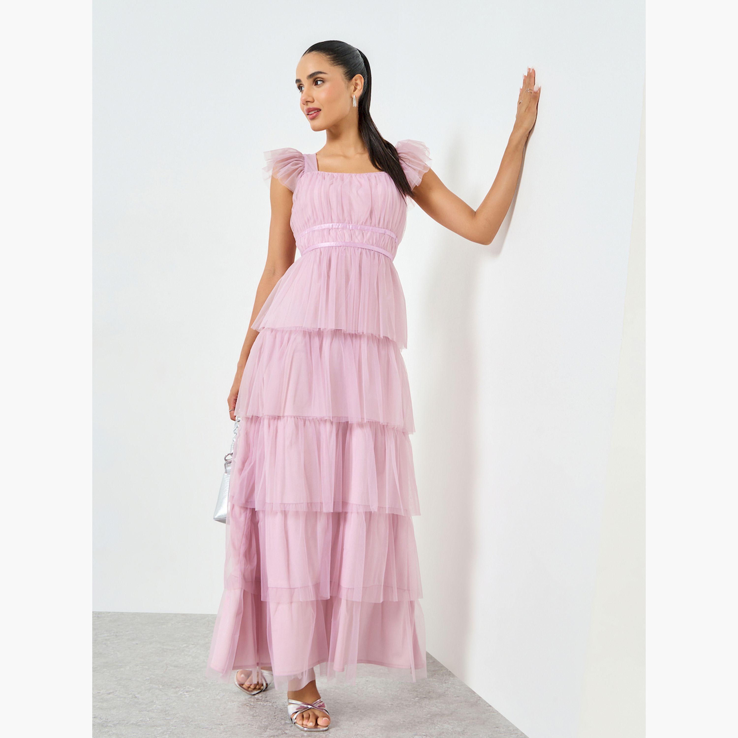 فستان طويل بطيات وتفاصيل شبك مع كشكش-women-clothing-dresses-image-3
