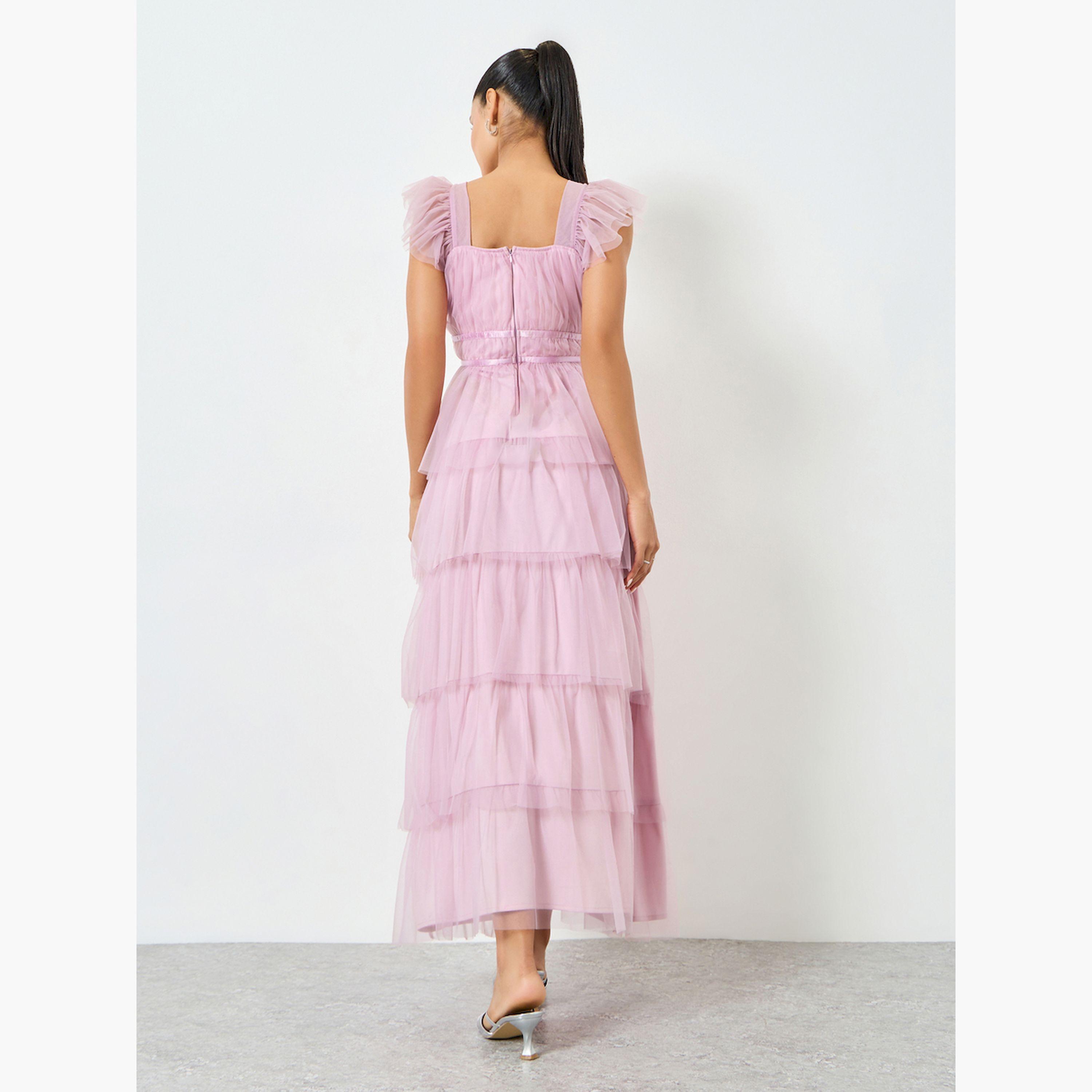 فستان طويل بطيات وتفاصيل شبك مع كشكش-women-clothing-dresses-image-5