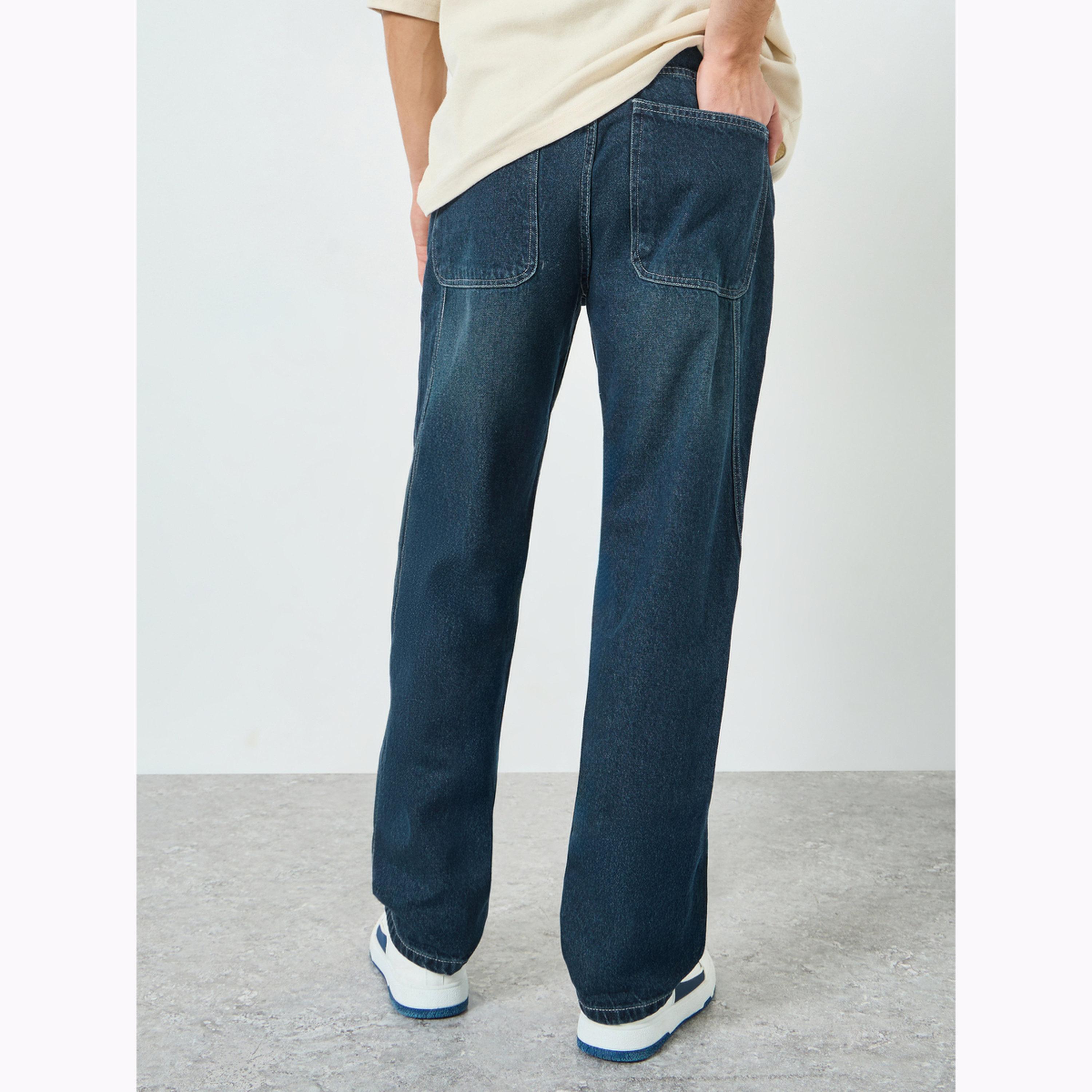 Styli Men Blue Panelled Relaxed Fit Jeans with Tonal Contrast Stitch and Mild Tinting-men-clothing-bottoms-jeans-image-4