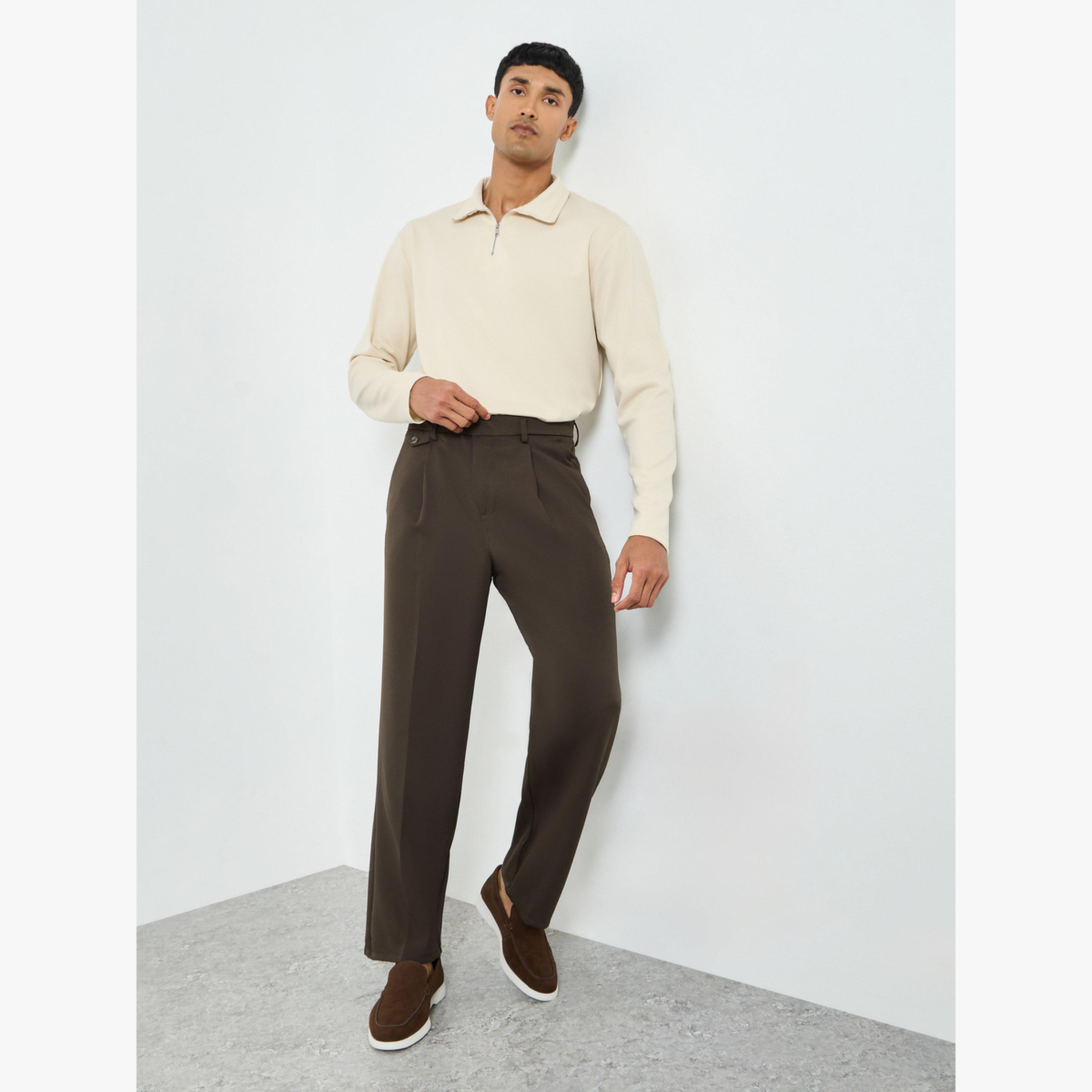 Styli Men Brown Wide Leg Pleated Trousers-men-clothing-bottoms-trousersandchinos-trousers-image-2