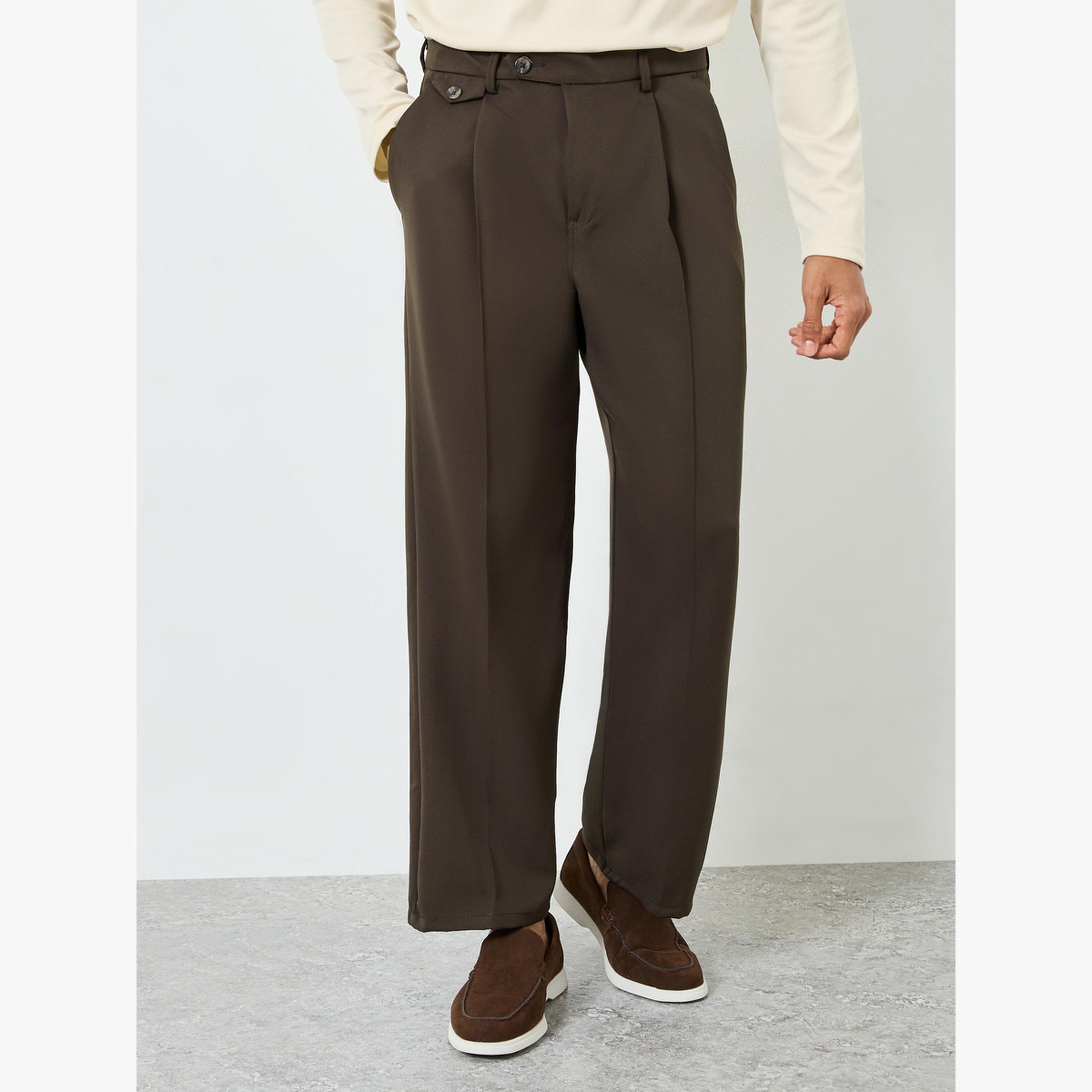 Styli Men Brown Wide Leg Pleated Trousers-men-clothing-bottoms-trousersandchinos-trousers-image-3
