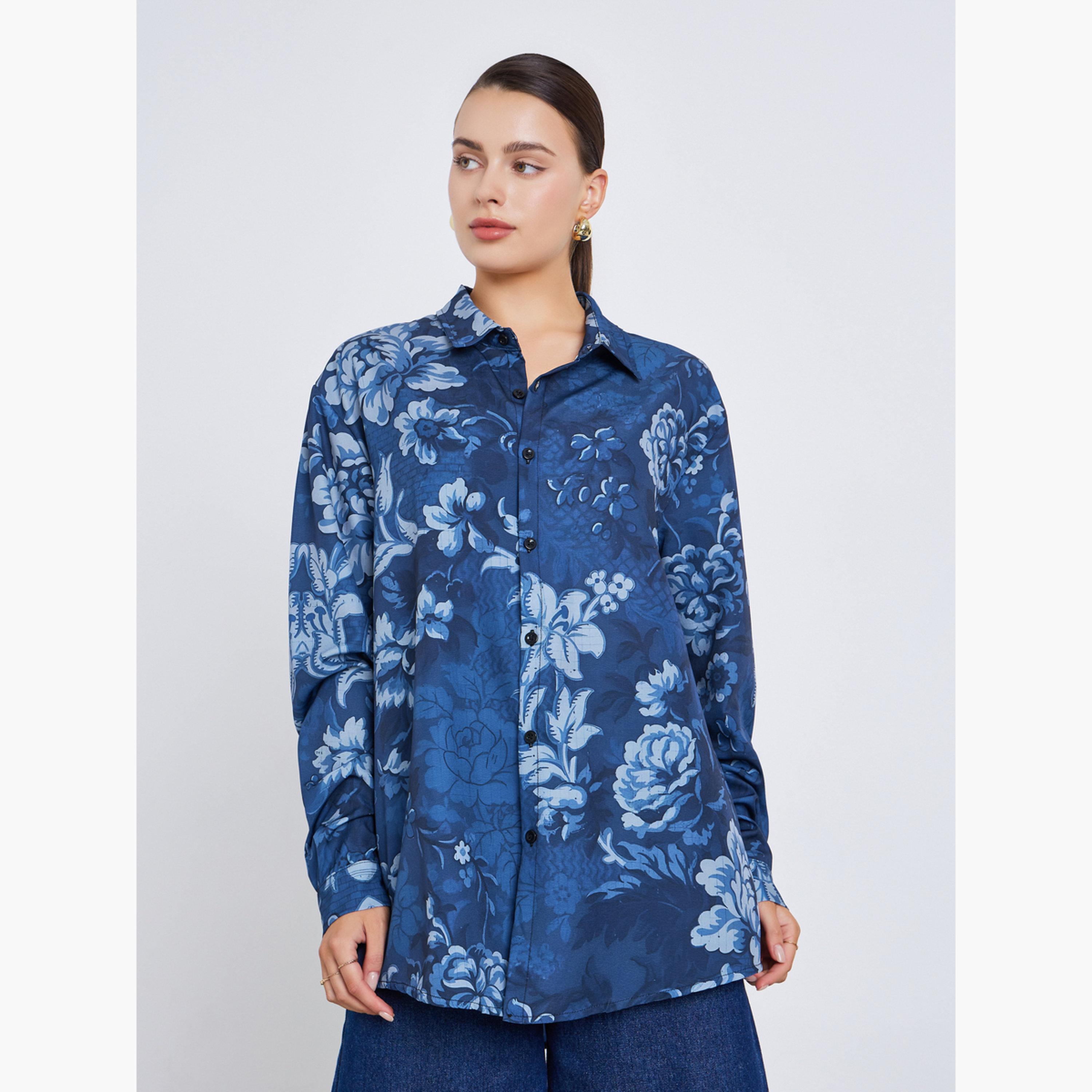 Styli Women Navy Floral Long Sleeve Shirt-women-clothing-shirtsandblouses-shirts-image-1