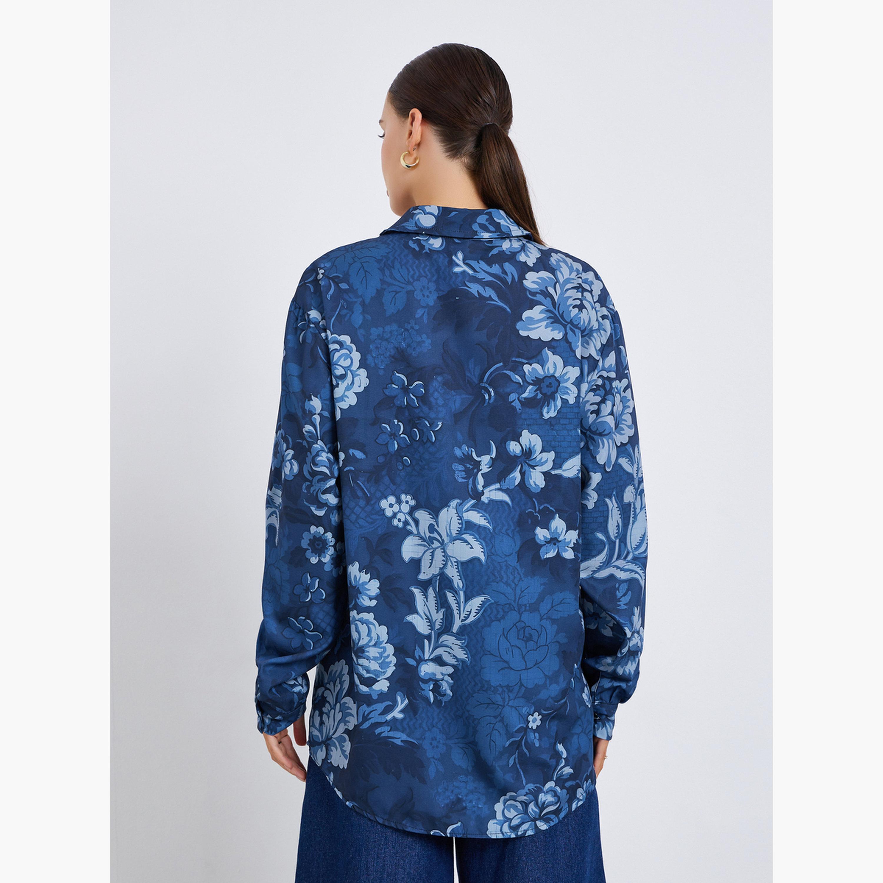 Styli Women Navy Floral Long Sleeve Shirt-women-clothing-shirtsandblouses-shirts-image-5