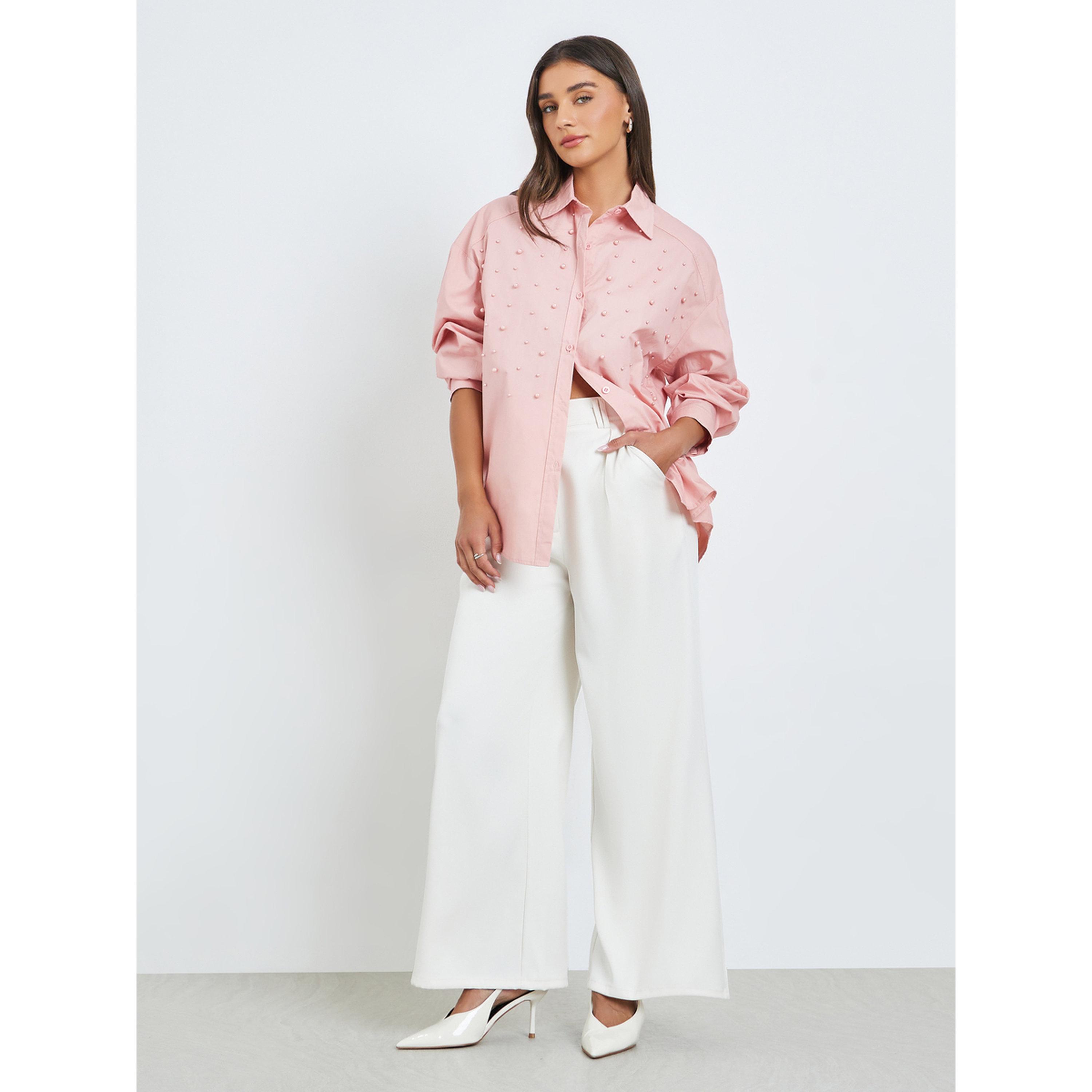 Styli Pink Pearl Embellished Relaxed Fit Shirt-women-clothing-shirtsandblouses-shirts-image-2