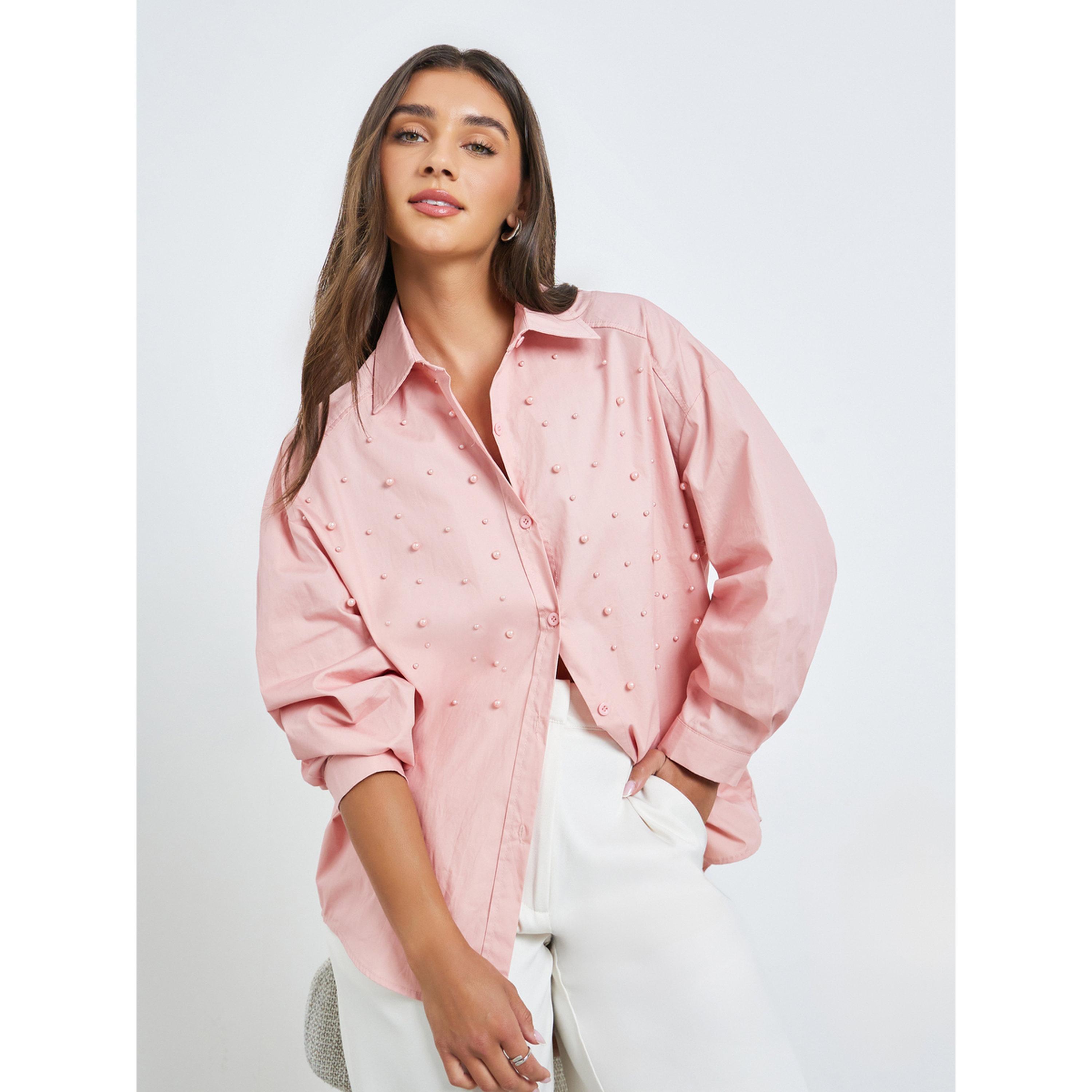 Styli Pink Pearl Embellished Relaxed Fit Shirt-women-clothing-shirtsandblouses-shirts-image-3