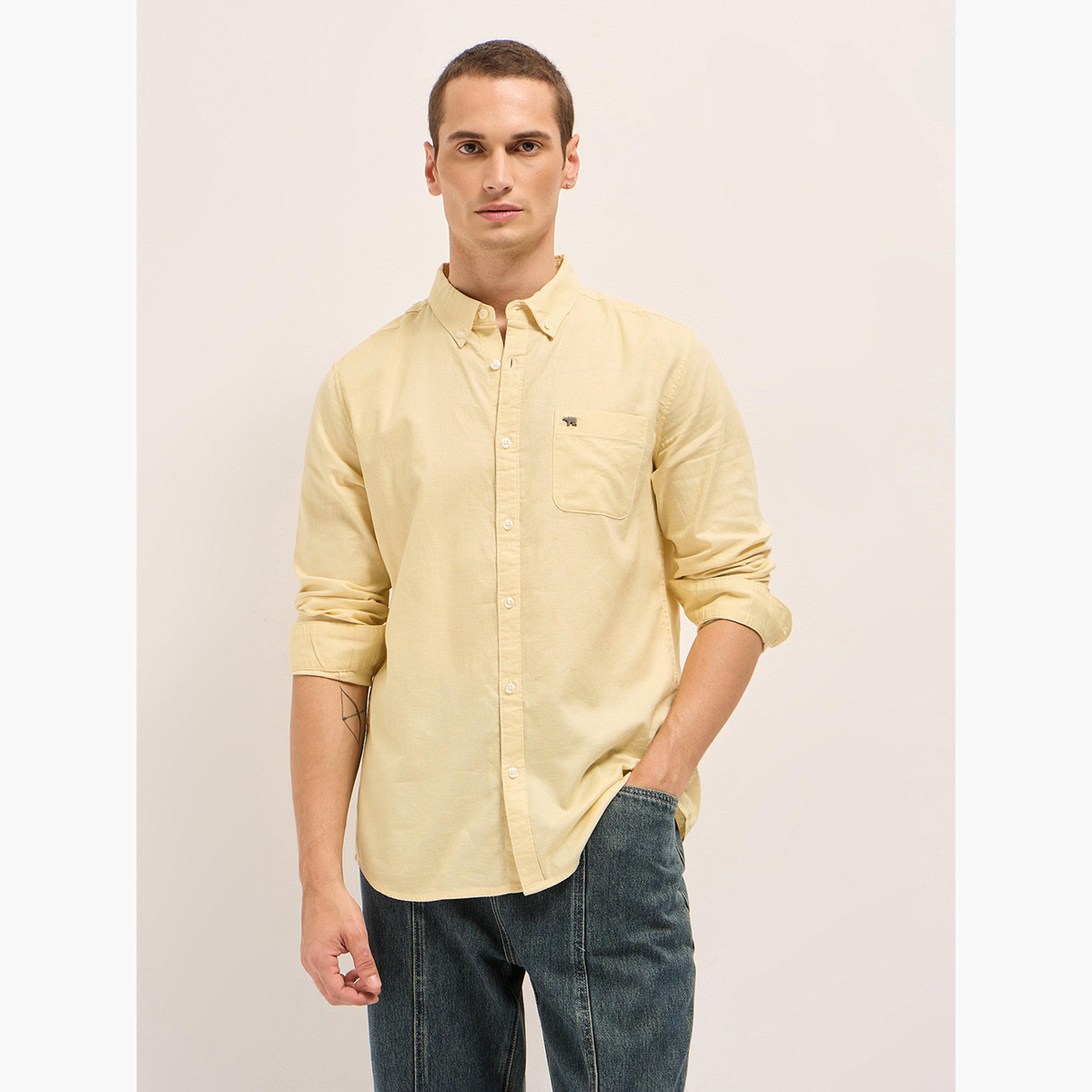 ذا بير هاوس × ستايلي - قميص رجالي كاجوال بقصة ضيقة من القطن والكتان السادة-men-clothing-shirts-image-1