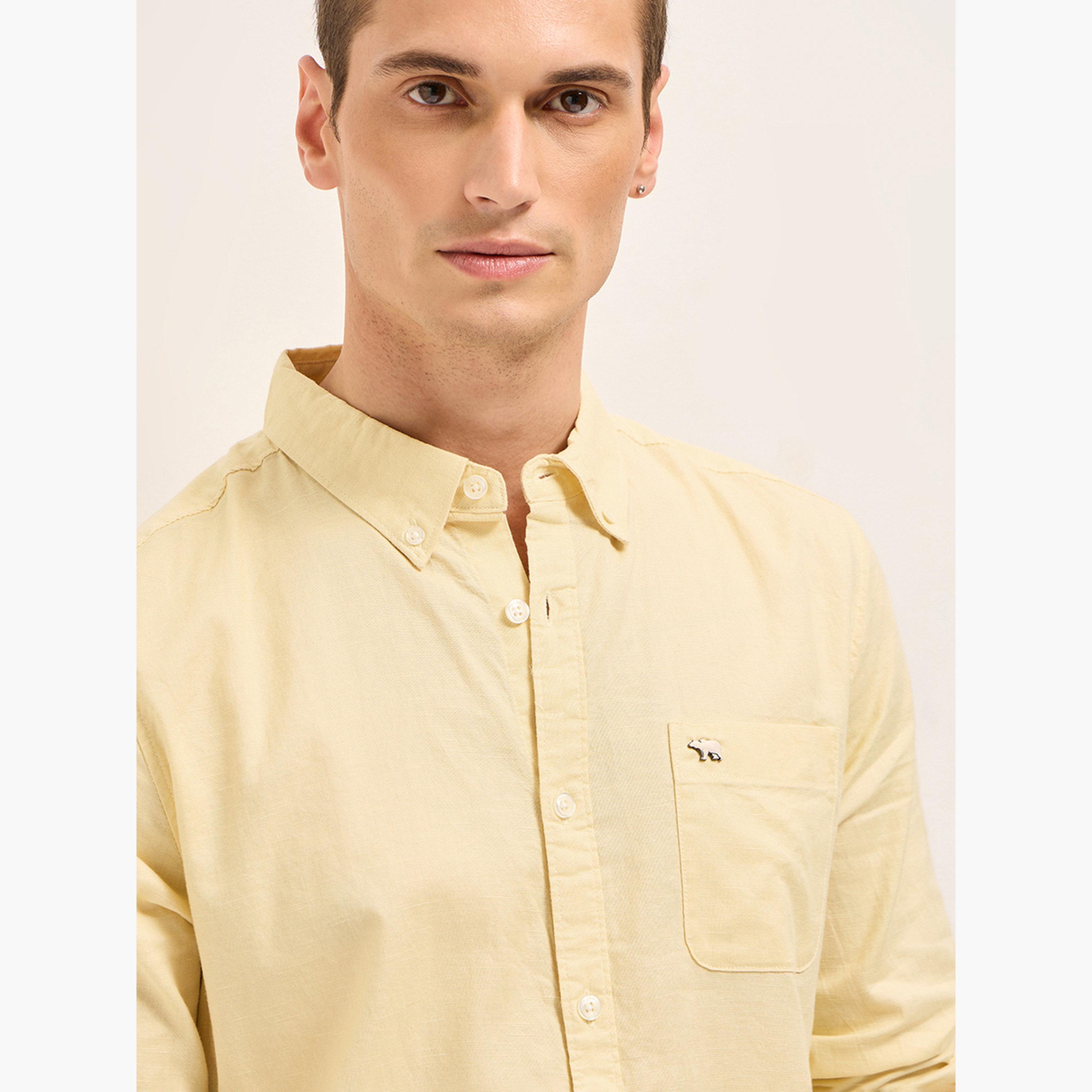 ذا بير هاوس × ستايلي - قميص رجالي كاجوال بقصة ضيقة من القطن والكتان السادة-men-clothing-shirts-image-3