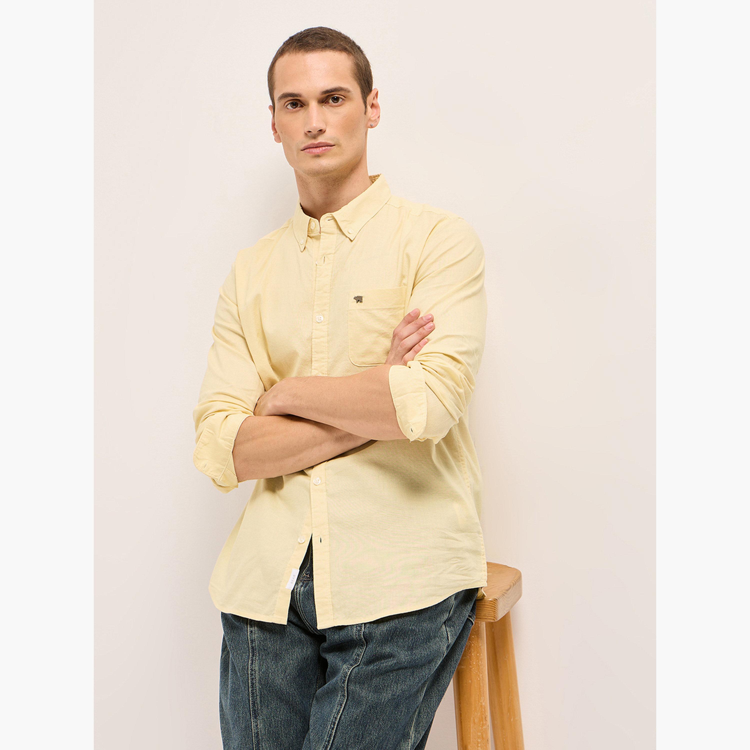 ذا بير هاوس × ستايلي - قميص رجالي كاجوال بقصة ضيقة من القطن والكتان السادة-men-clothing-shirts-image-5