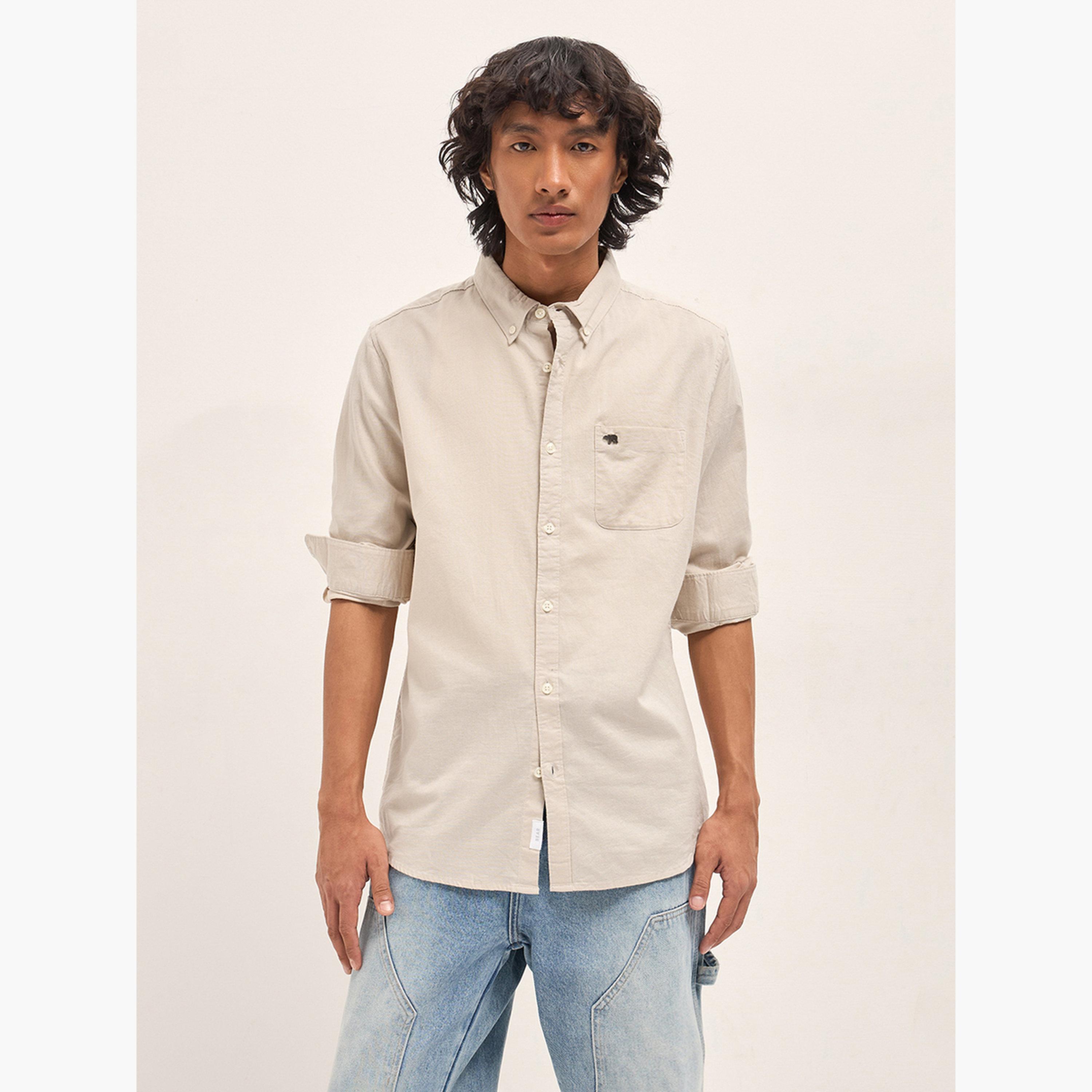 ذا بير هاوس × ستايلي - قميص رجالي كاجوال بقصة ضيقة من القطن والكتان السادة-men-clothing-shirts-image-1