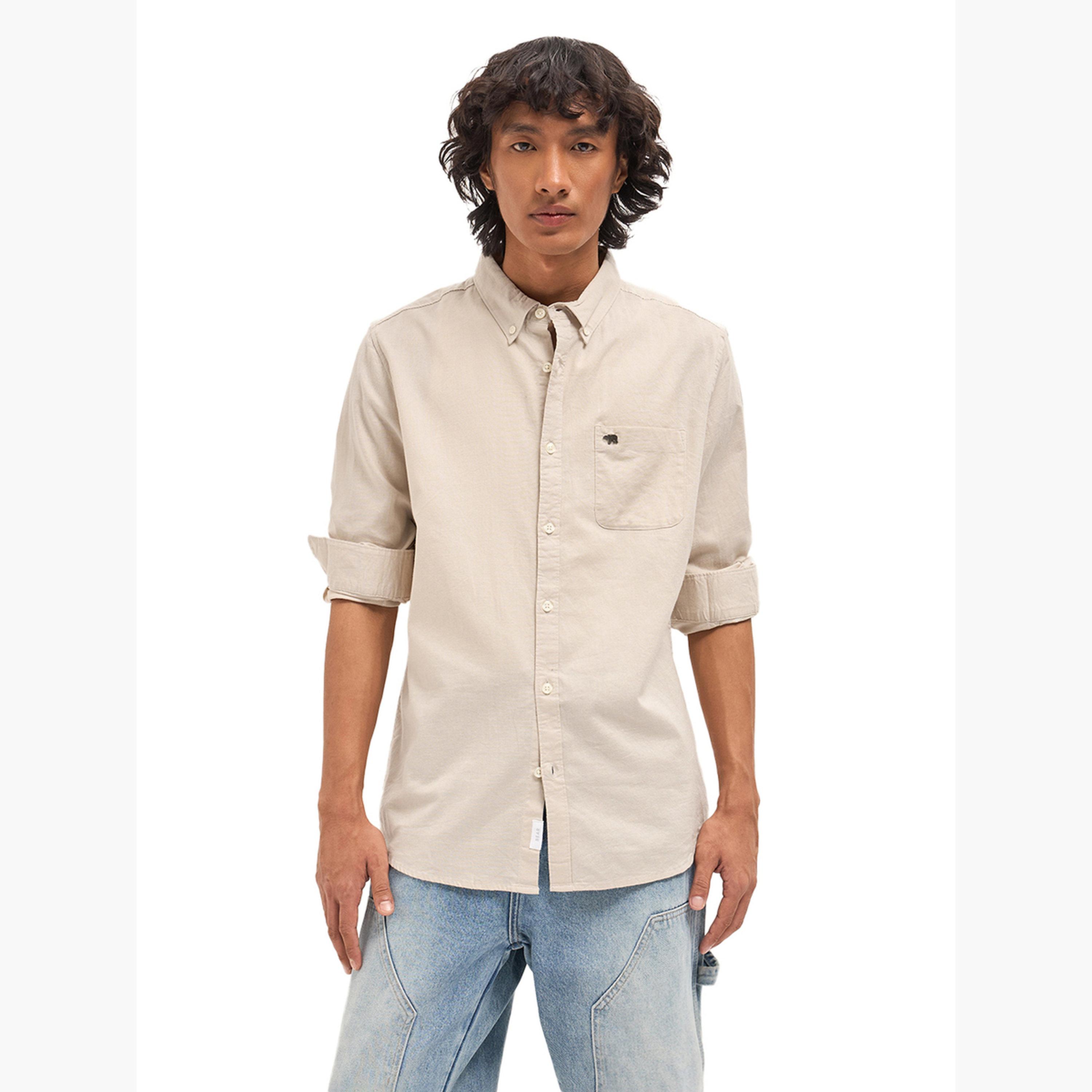 ذا بير هاوس × ستايلي - قميص رجالي كاجوال بقصة ضيقة من القطن والكتان السادة-men-clothing-shirts-image-4