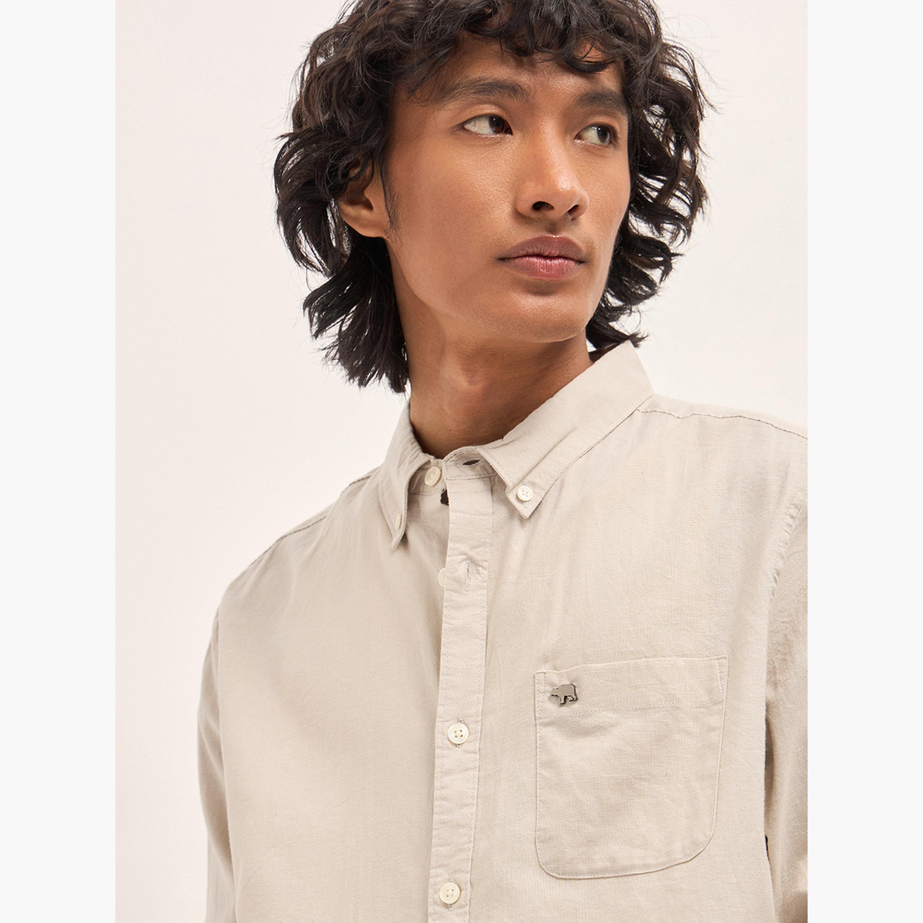ذا بير هاوس × ستايلي - قميص رجالي كاجوال بقصة ضيقة من القطن والكتان السادة-men-clothing-shirts-image-5