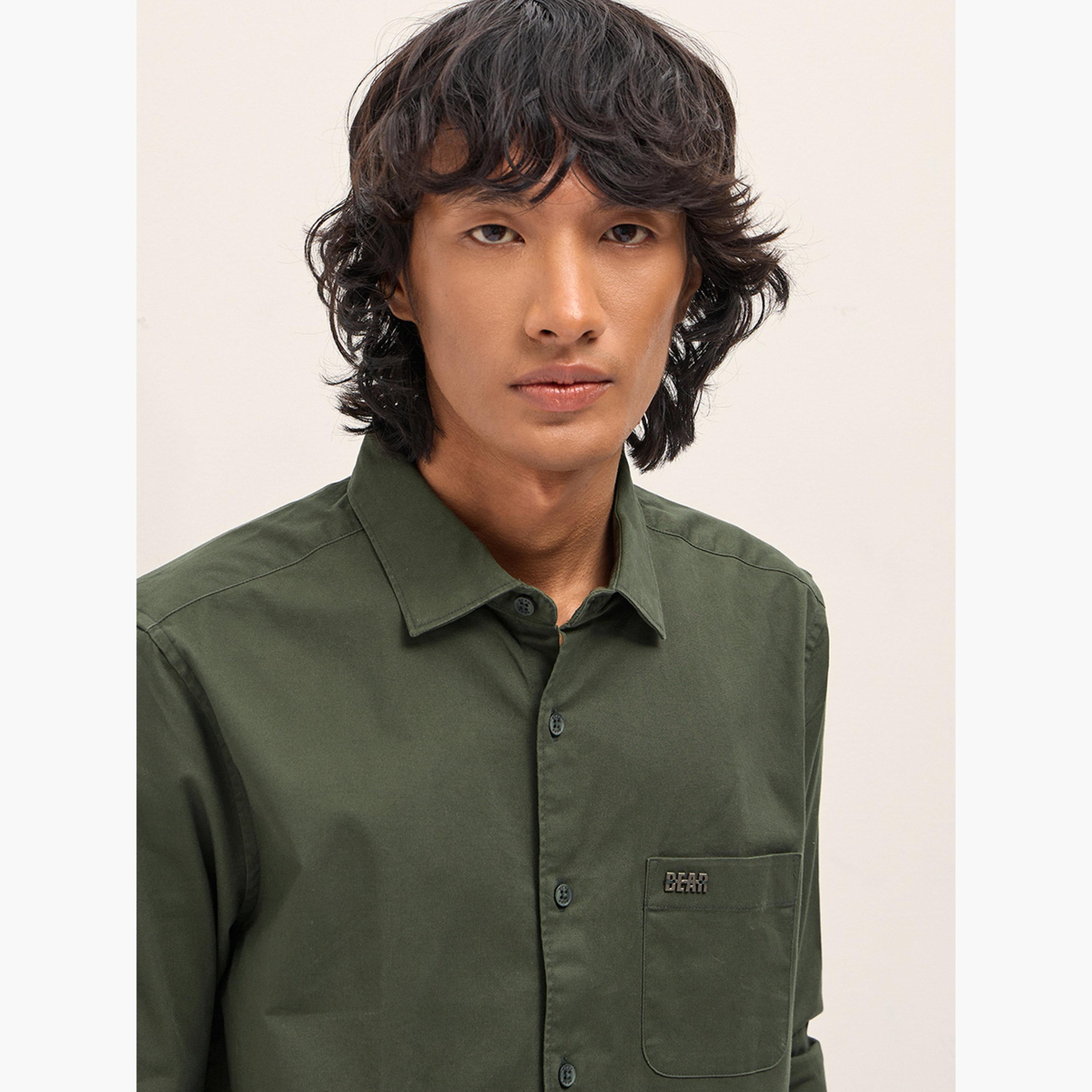 ذا بير هاوس × ستايلي - قميص رجالي كاجوال بقصة ضيقة مصنوع من مزيج القطن السادة-men-clothing-shirts-image-2