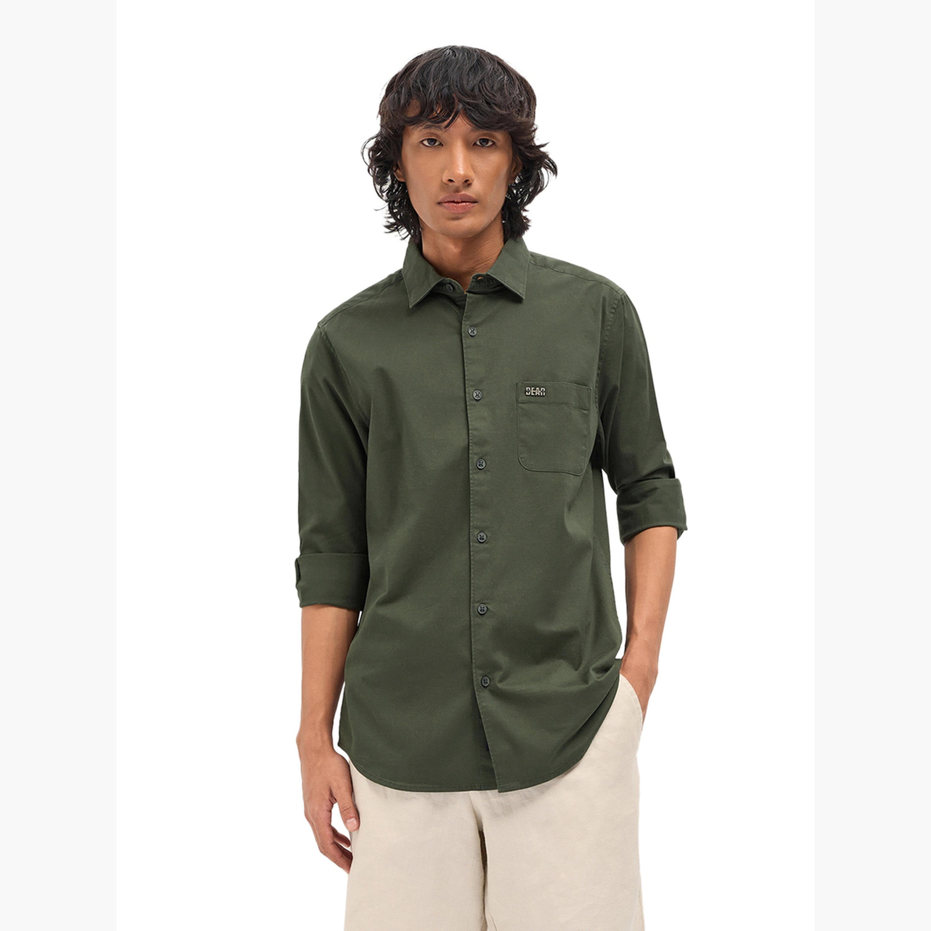 ذا بير هاوس × ستايلي - قميص رجالي كاجوال بقصة ضيقة مصنوع من مزيج القطن السادة-men-clothing-shirts-image-4