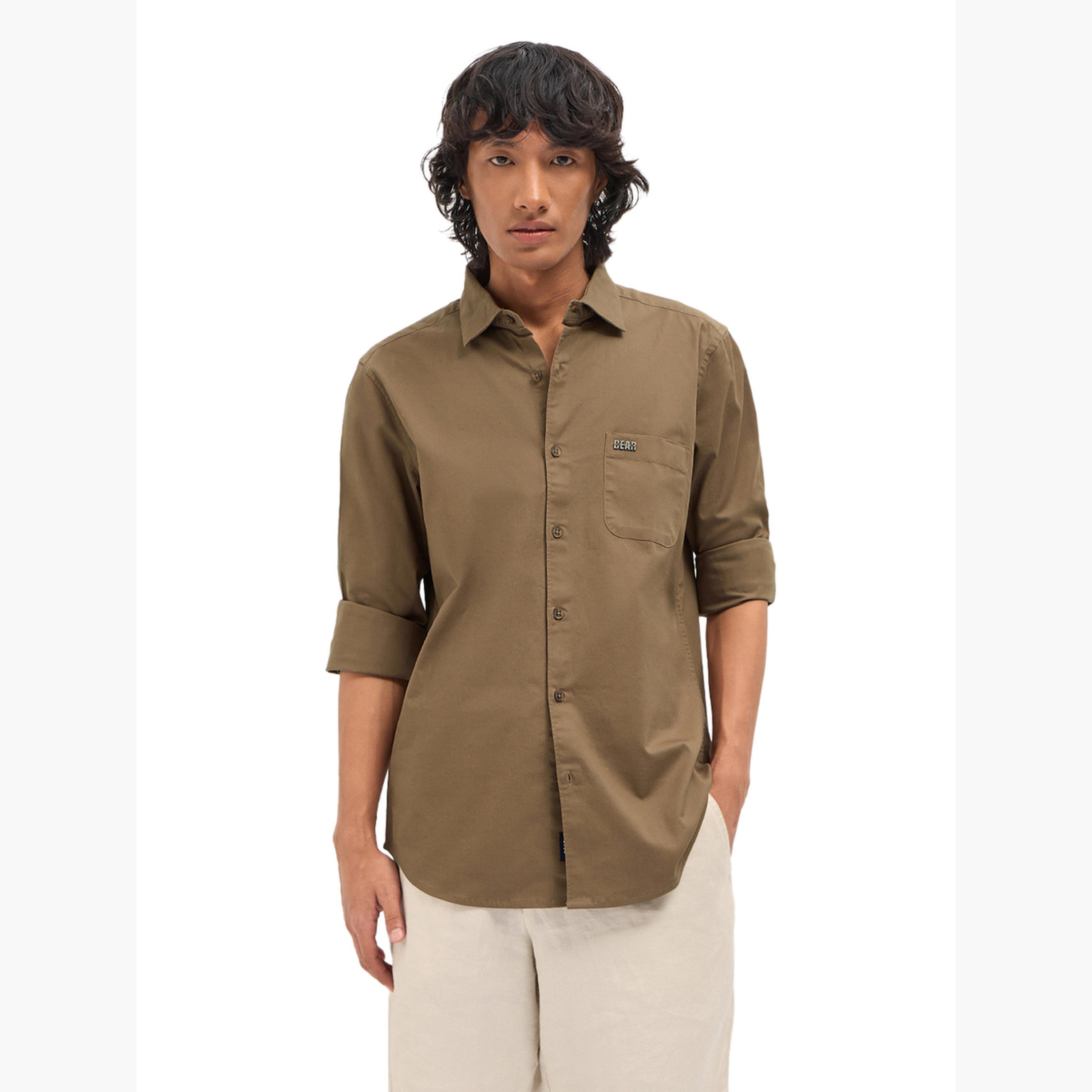ذا بير هاوس × ستايلي - قميص رجالي كاجوال بقصة ضيقة مصنوع من مزيج القطن السادة-men-clothing-shirts-image-4