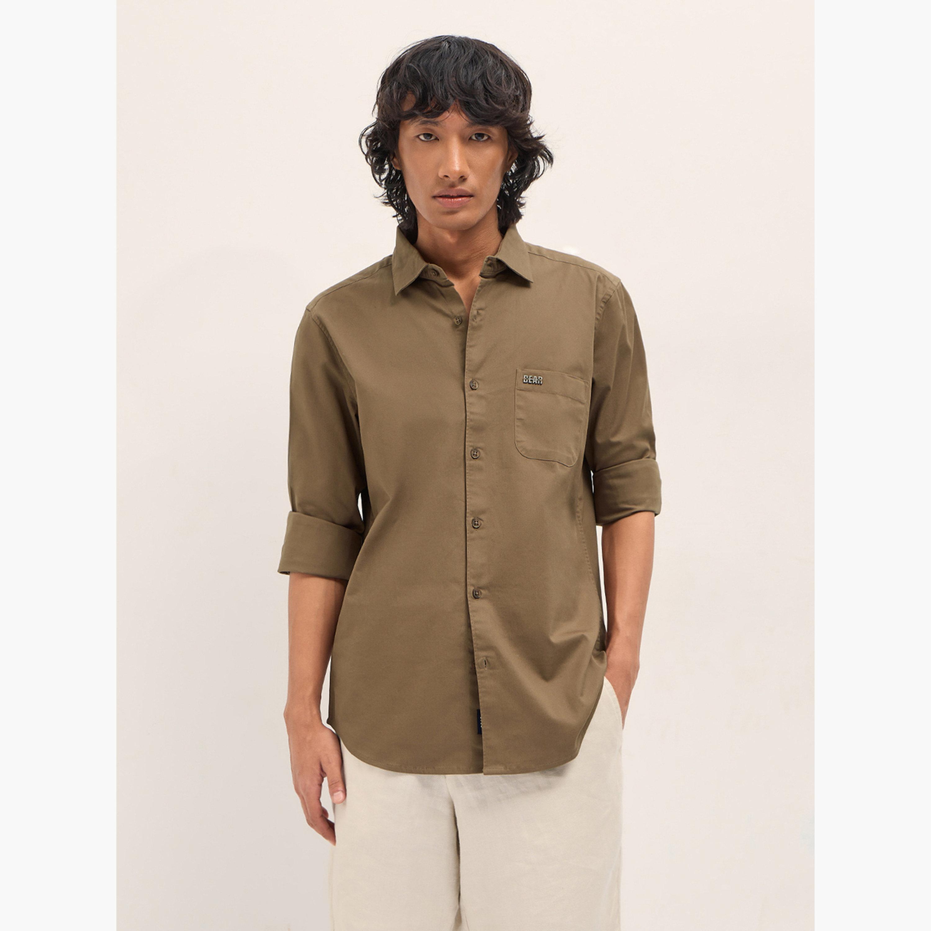 ذا بير هاوس × ستايلي - قميص رجالي كاجوال بقصة ضيقة مصنوع من مزيج القطن السادة-men-clothing-shirts-image-5