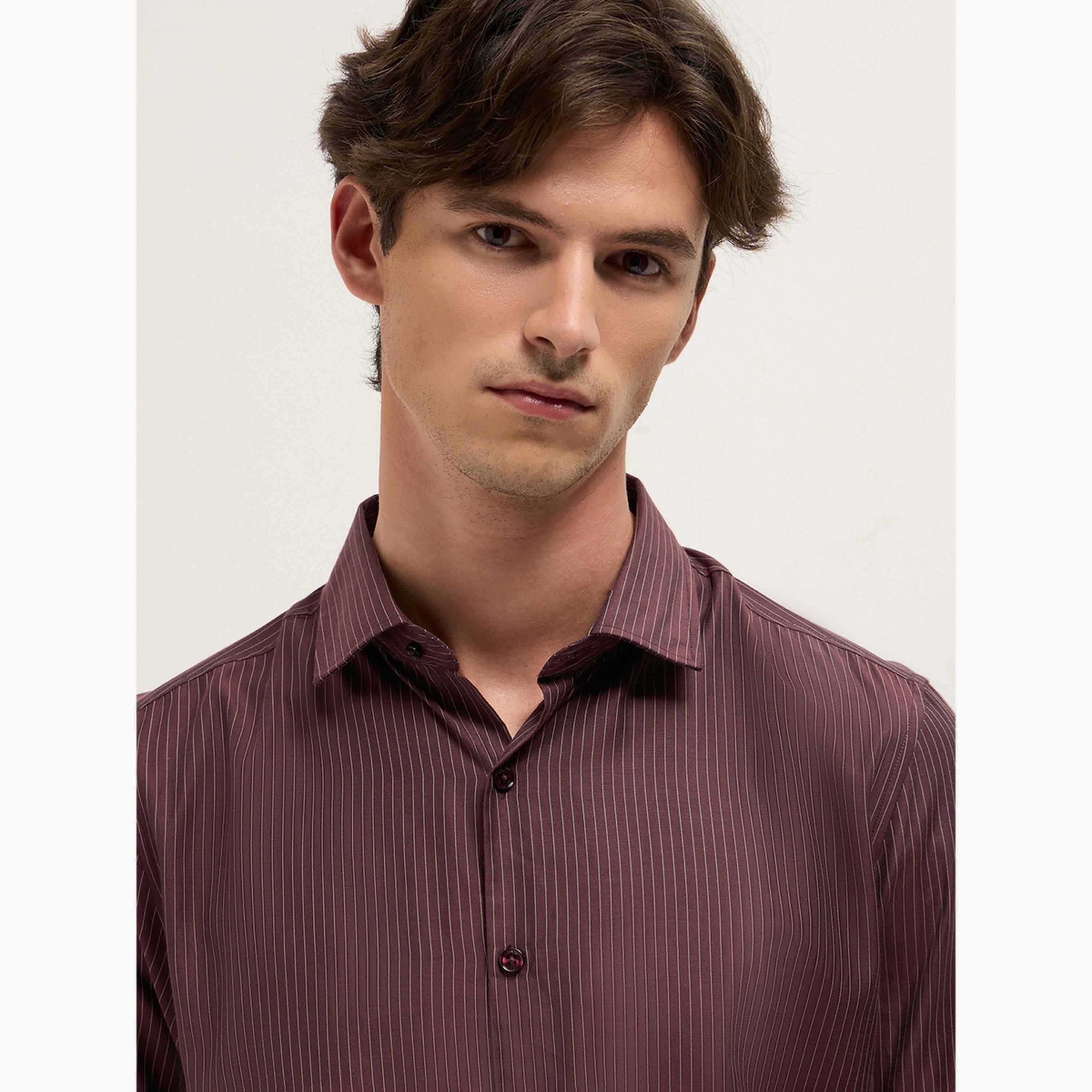 ذا بير هاوس × ستايلي - قميص رجالي رسمي مخطط قصة محددة من مزيج القطن-men-clothing-shirts-image-2