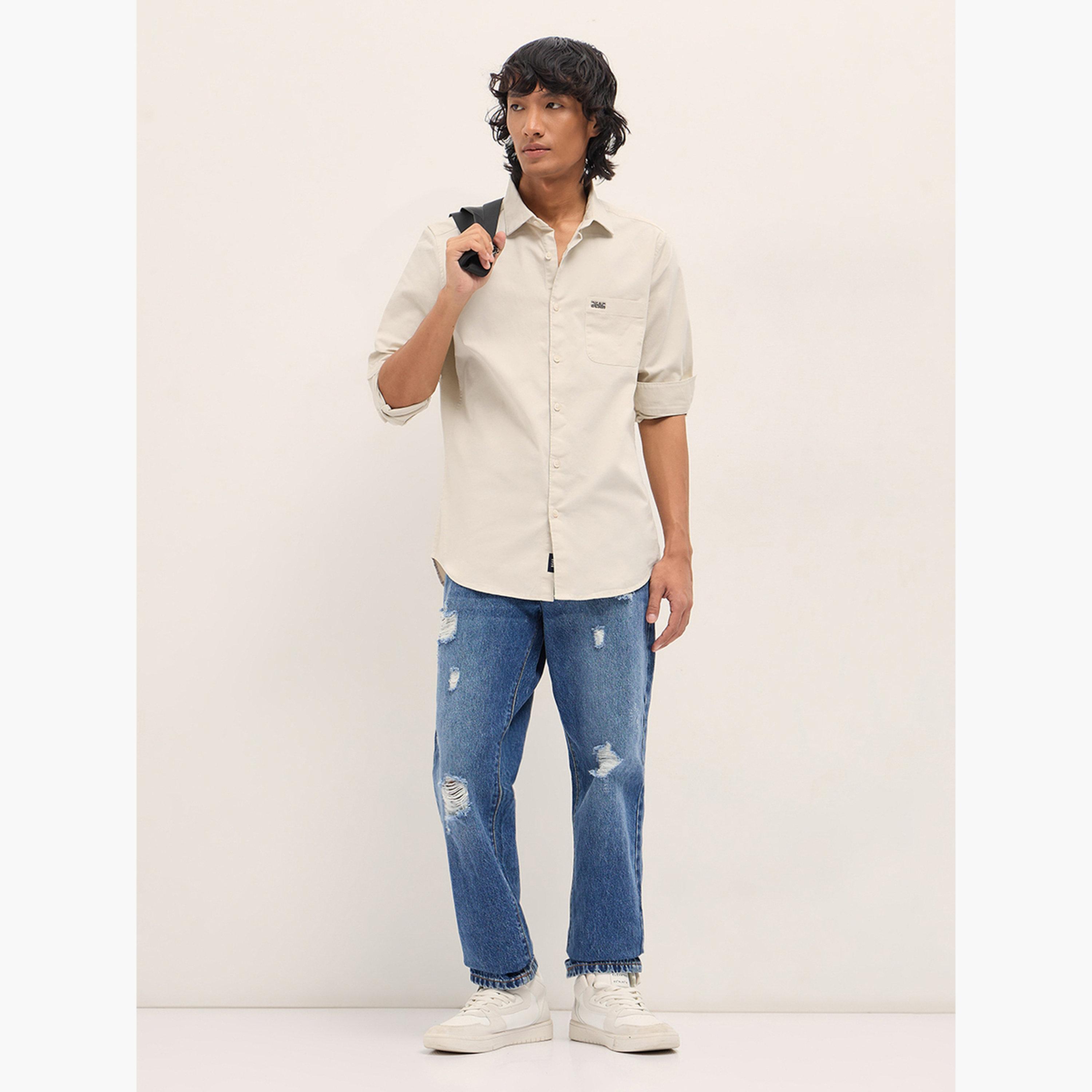 ذا بير هاوس × ستايلي - قميص رجالي قطني سادة بقصة ضيقة لإطلالة الكاجوال-men-clothing-shirts-image-3