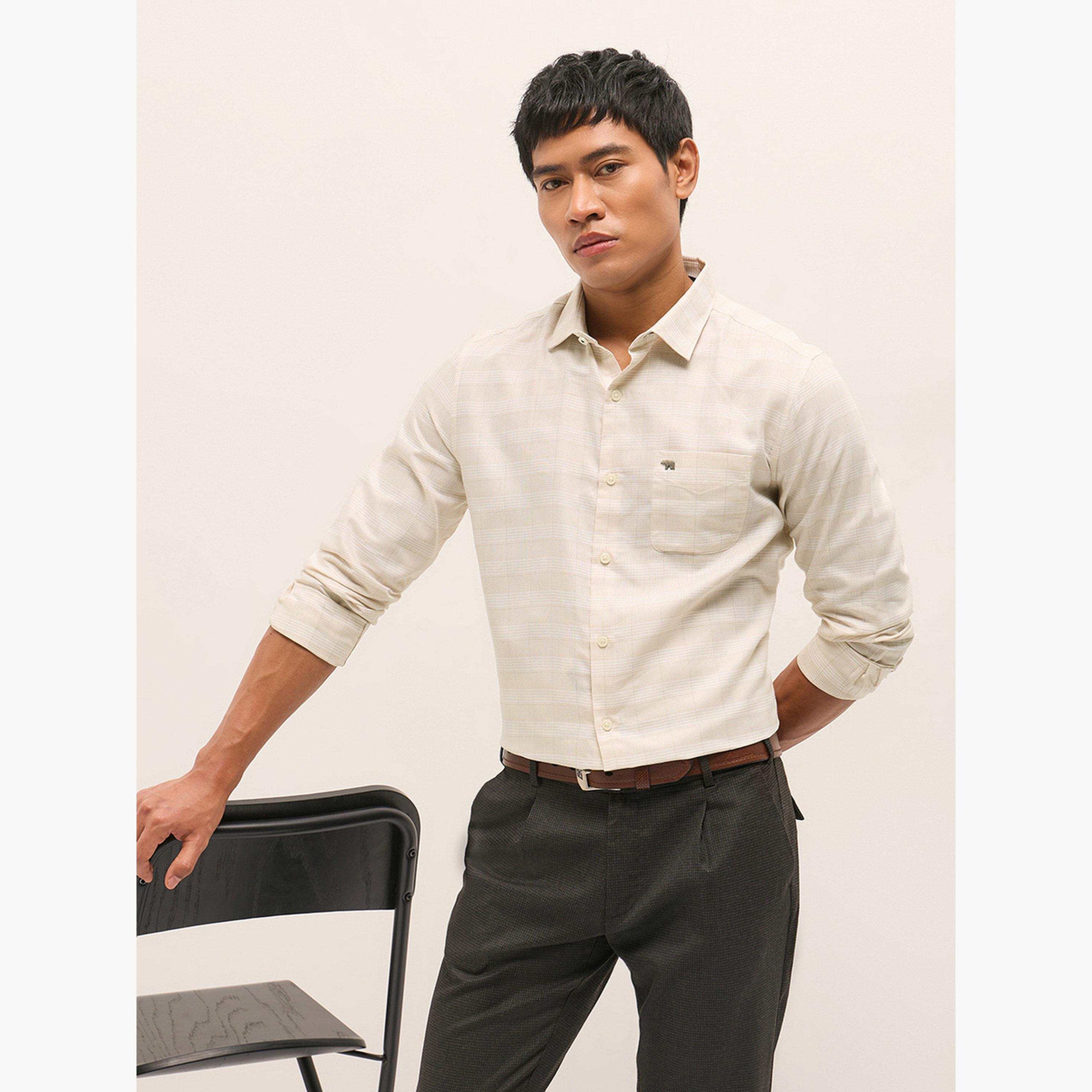 ذا بير هاوس × ستايلي - قميص رجالي رسمي قصة محددة من مزيج البوليستر بنقشة مربعات-men-clothing-shirts-image-6