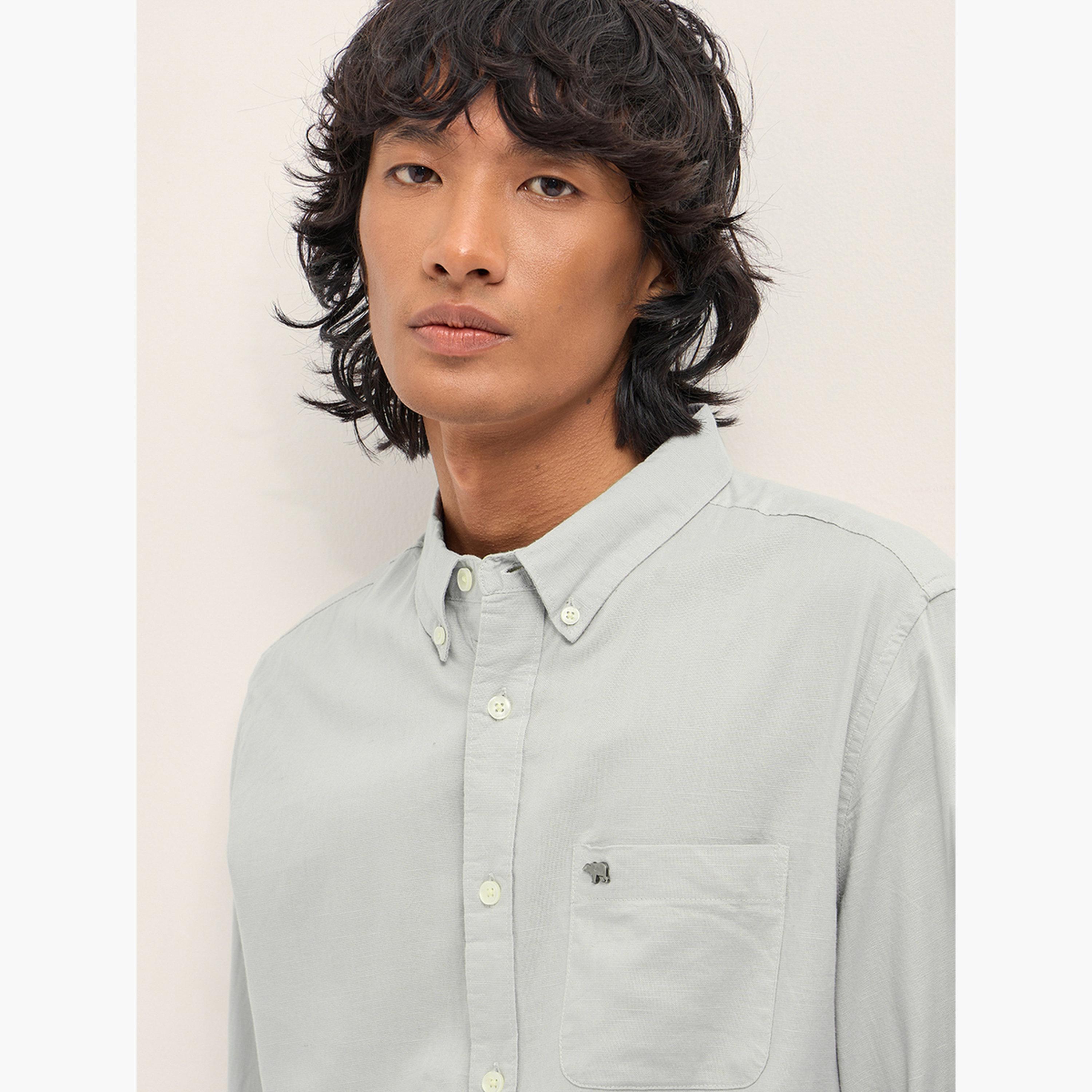 ذا بير هاوس × ستايلي - قميص رجالي كاجوال بقصة ضيقة من القطن والكتان السادة-men-clothing-shirts-image-3