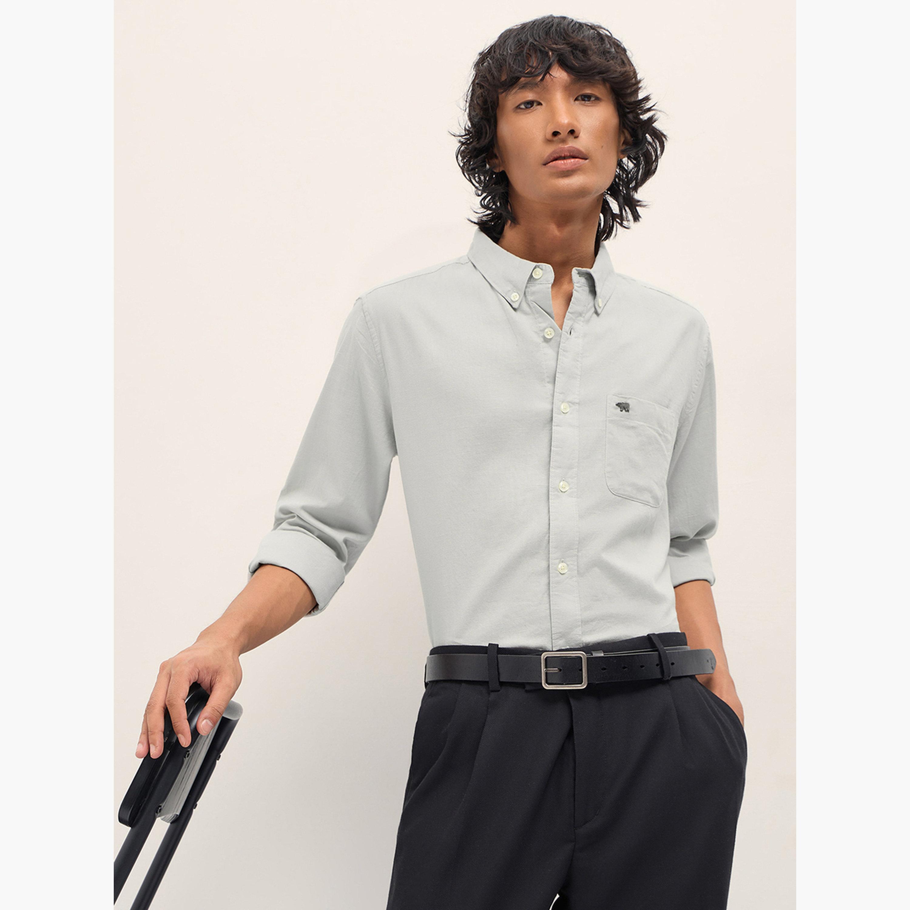 ذا بير هاوس × ستايلي - قميص رجالي كاجوال بقصة ضيقة من القطن والكتان السادة-men-clothing-shirts-image-5